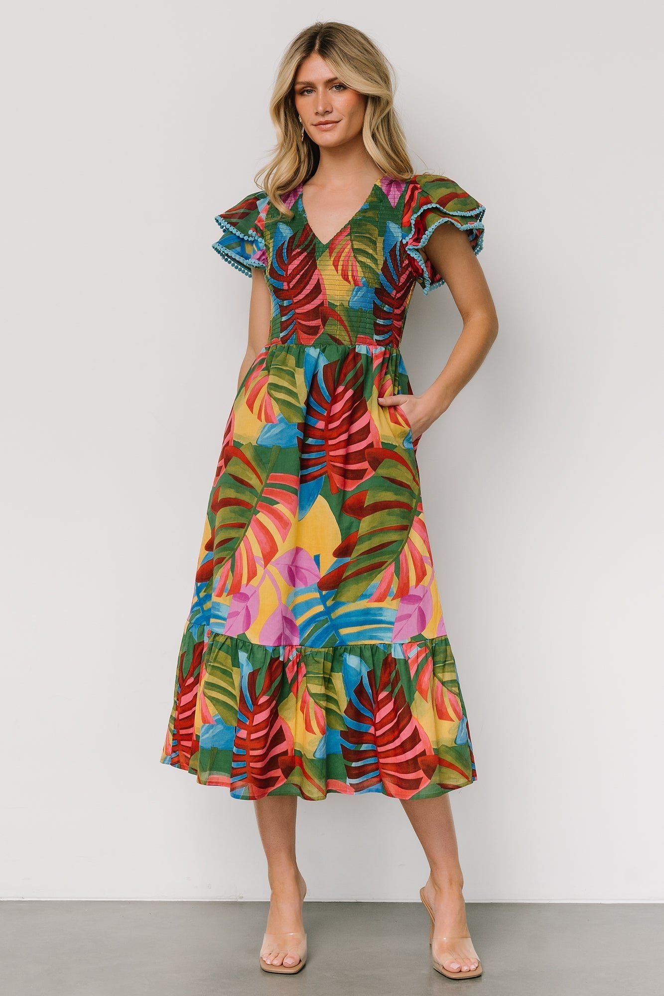 Marielle Tropical Smocked Midi Dress with Pockets | Multi Leaf Print