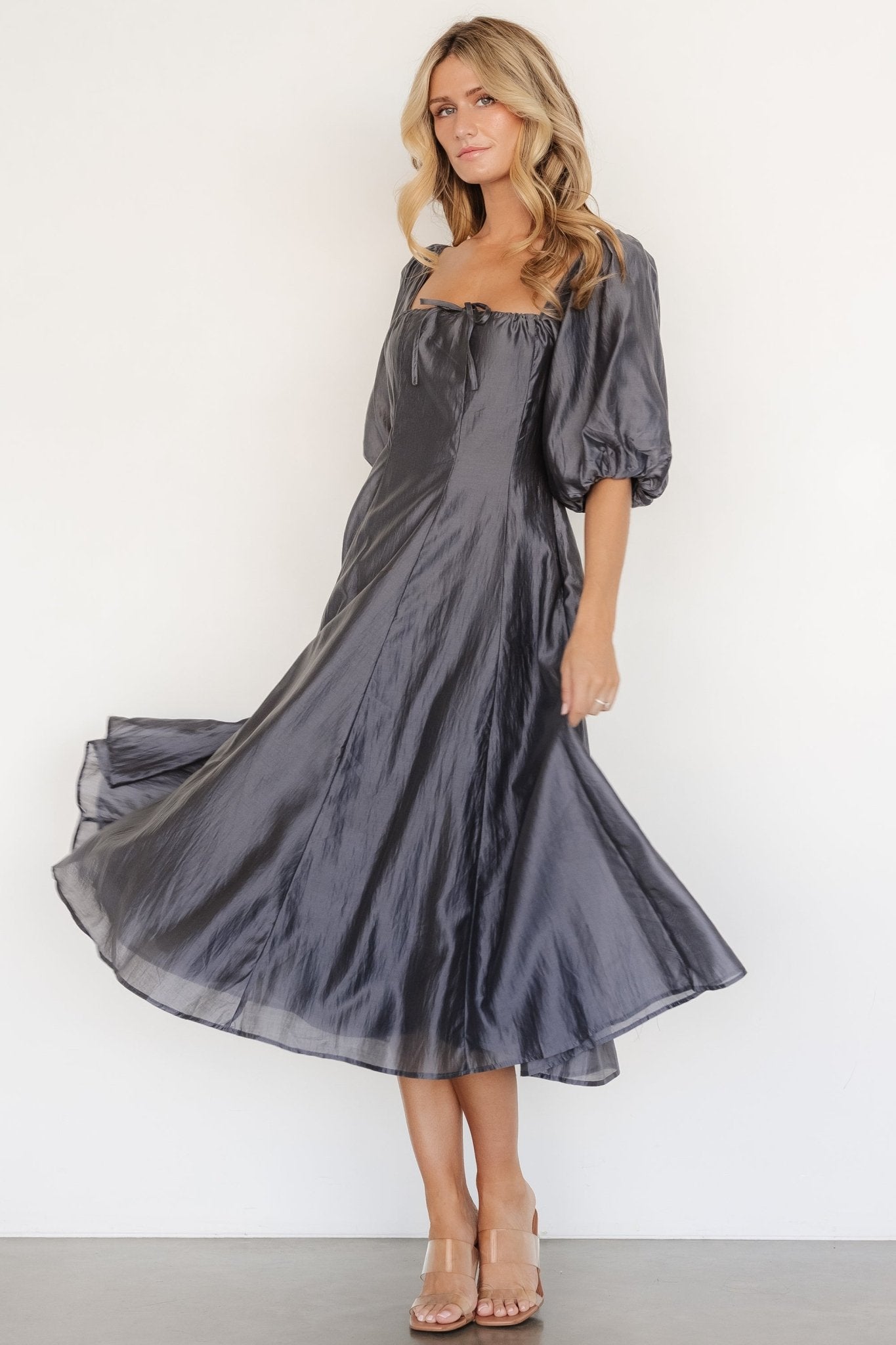 Dark Slate Marina Dress with Puff Sleeves & Square Neck