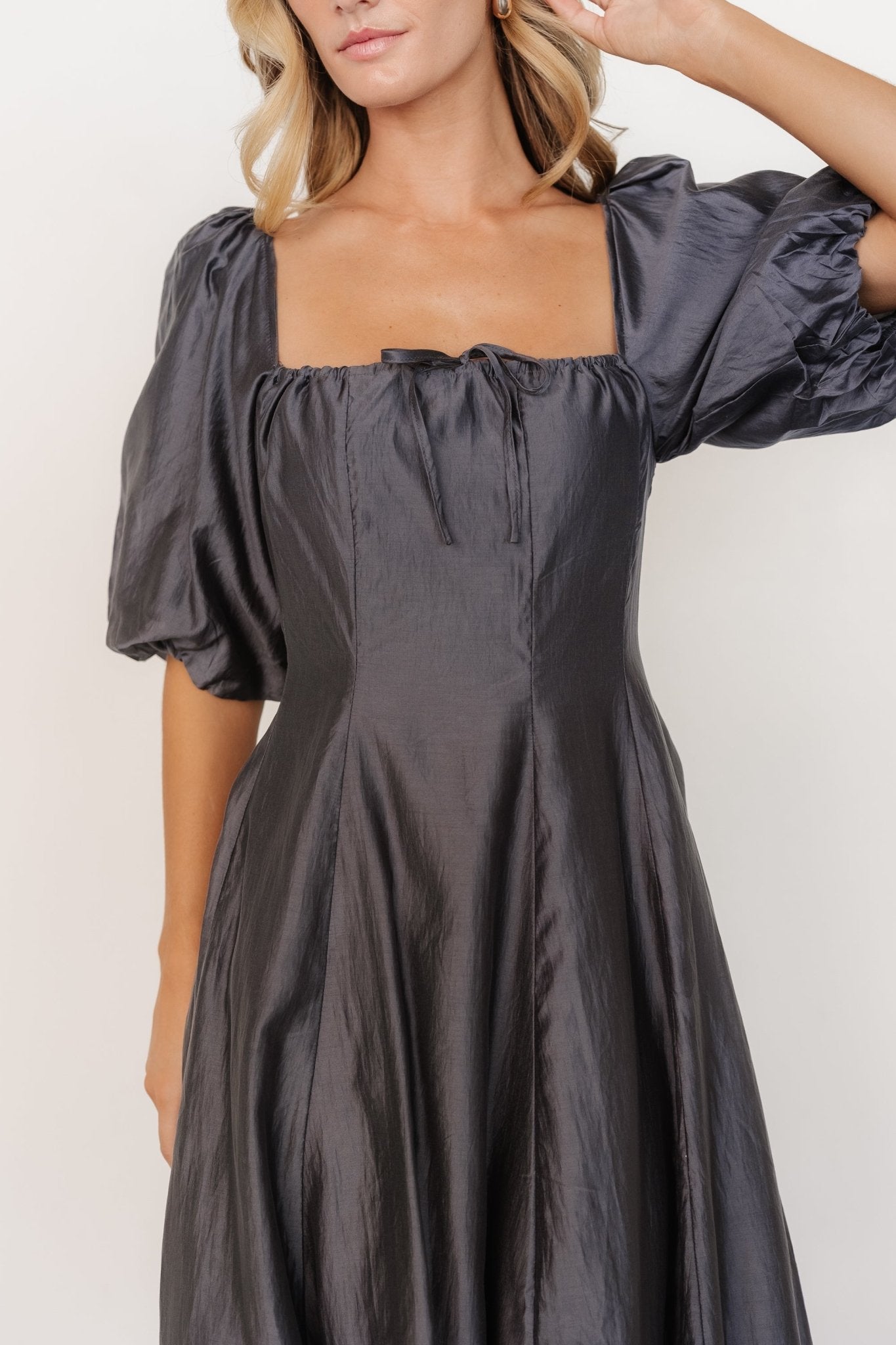 Dark Slate Marina Dress with Puff Sleeves & Square Neck