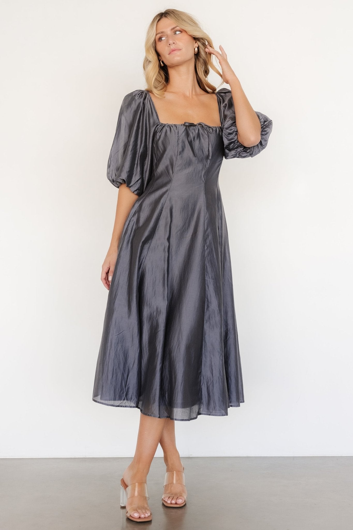 Dark Slate Marina Dress with Puff Sleeves & Square Neck