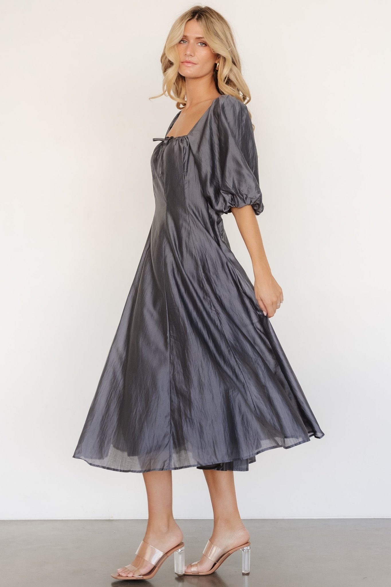 Dark Slate Marina Dress with Puff Sleeves & Square Neck