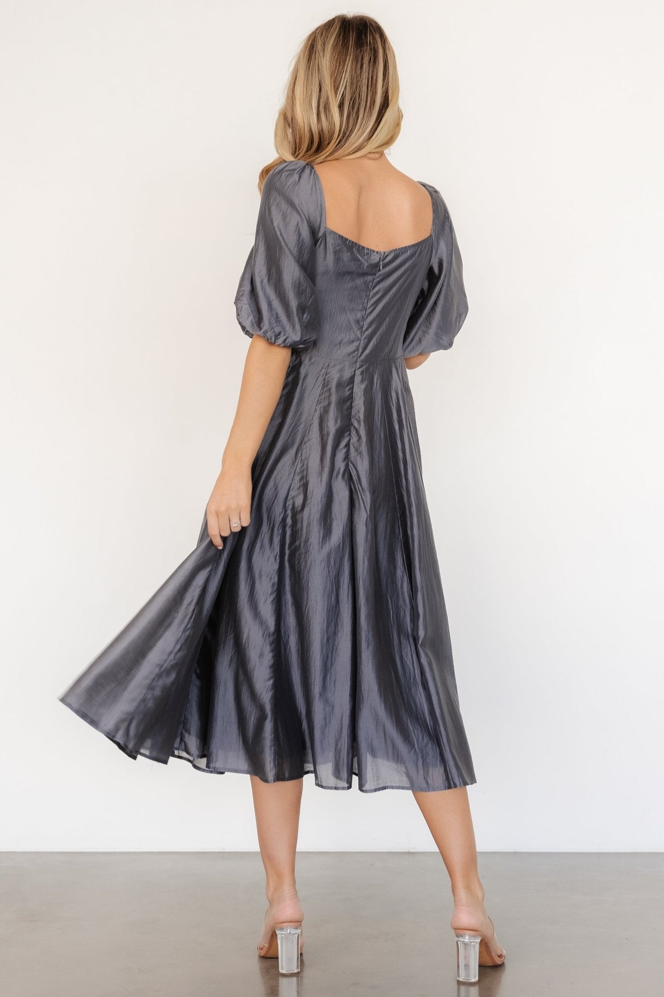 Dark Slate Marina Dress with Puff Sleeves & Square Neck