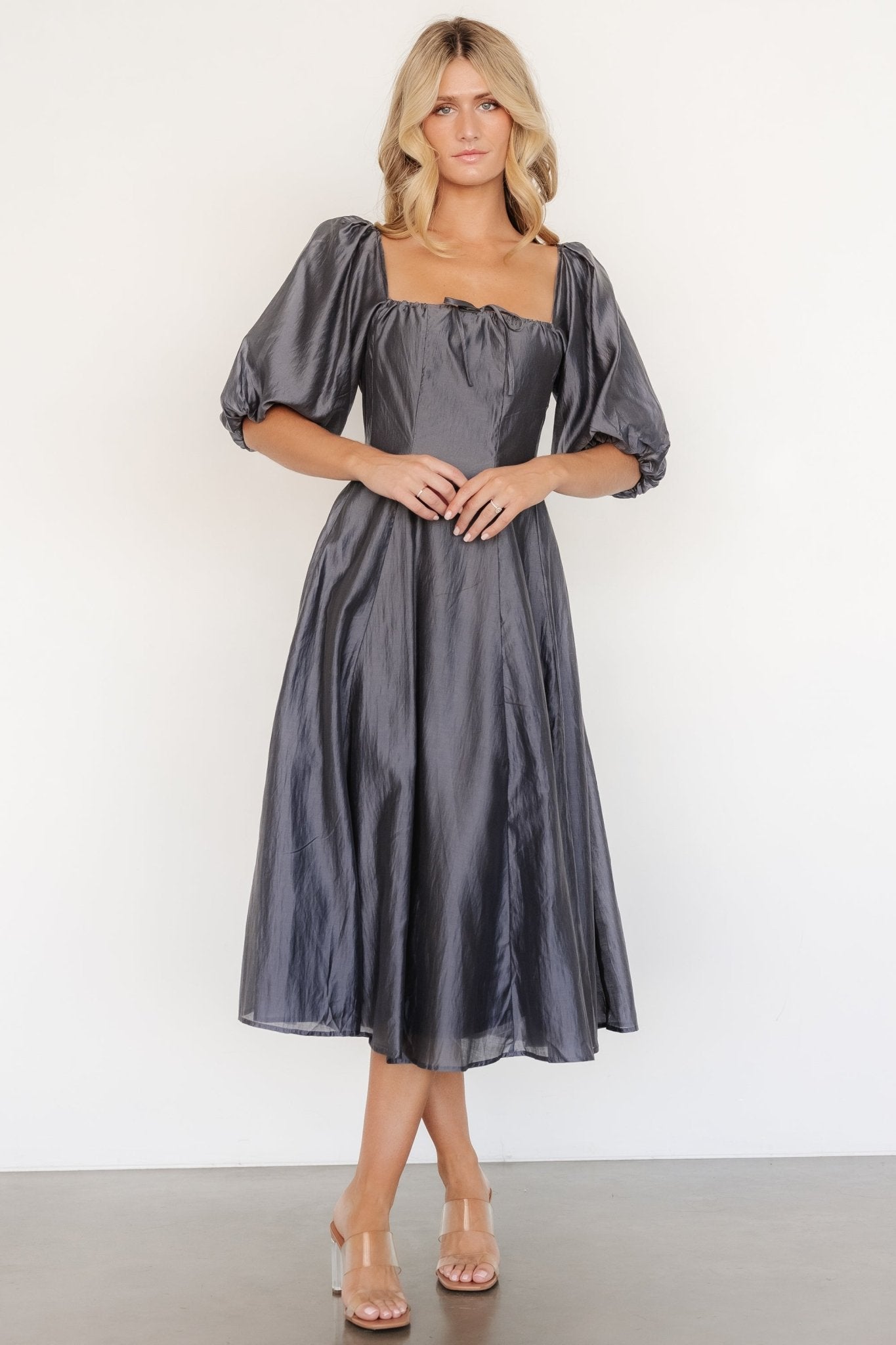 Dark Slate Marina Dress with Puff Sleeves & Square Neck