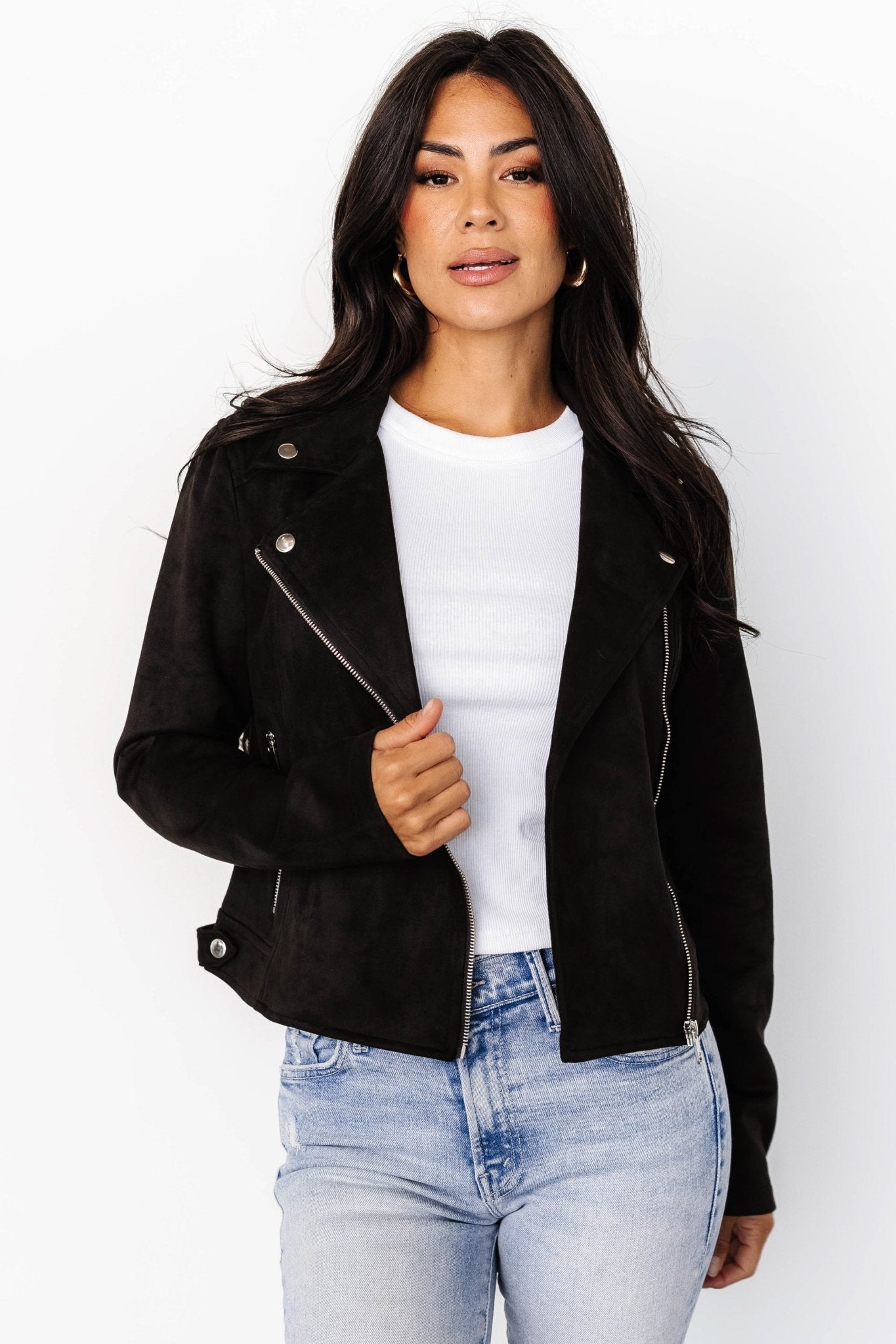 Black Faux Suede Moto Jacket | Cropped Biker Style