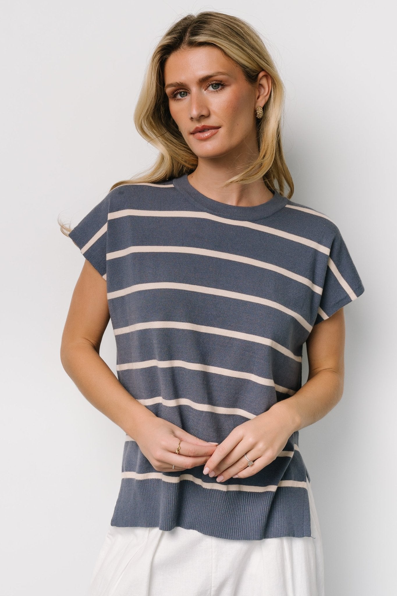 Baltic Born Slate Blue Dolman Sleeve Striped Sweater Top