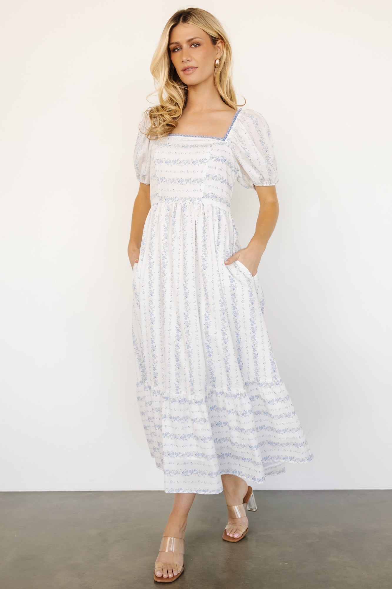Baltic Born Floral Puff Sleeve Midi Dress with Pockets | Ivory