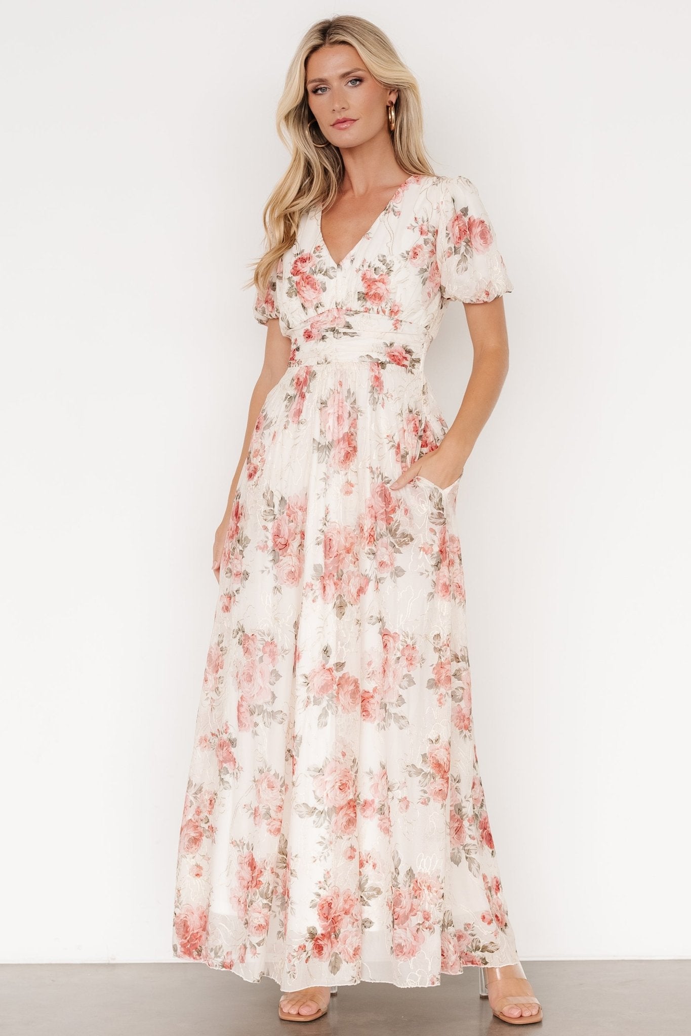 Baltic Born Cream Floral Maxi Dress with Pockets & Puff Sleeves