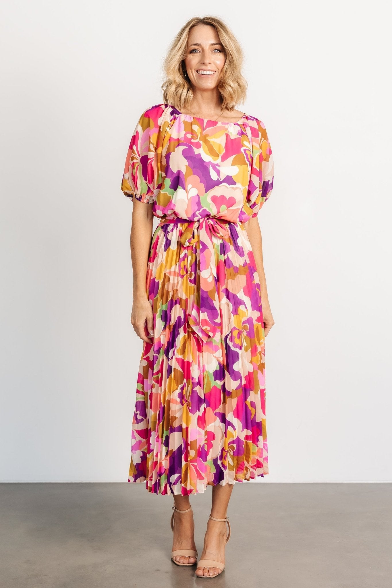 Women's Maven Flowy Midi Dress with Abstract Print & Elastic Waist