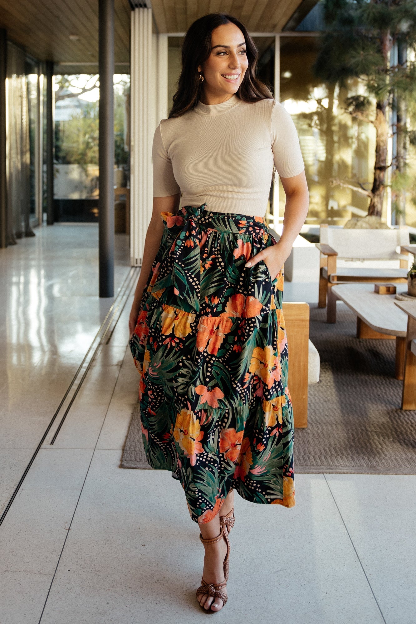 Floral Tiered Midi Skirt with Pockets - Navy Blue & Multi