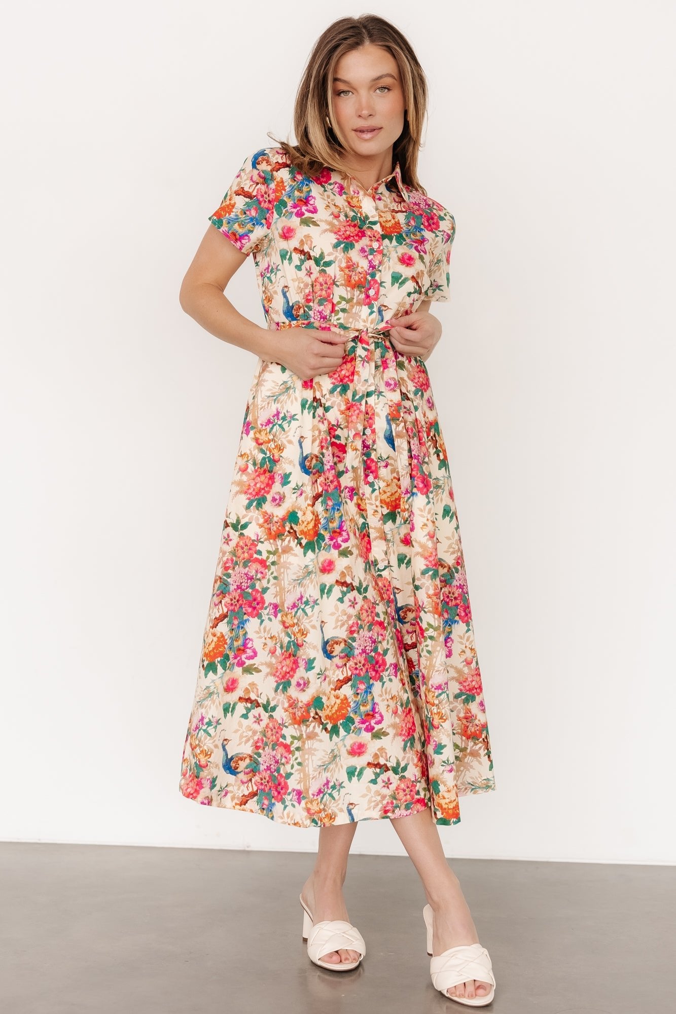 Floral Print Cotton Midi Dress with Removable Waist Sash | Melia