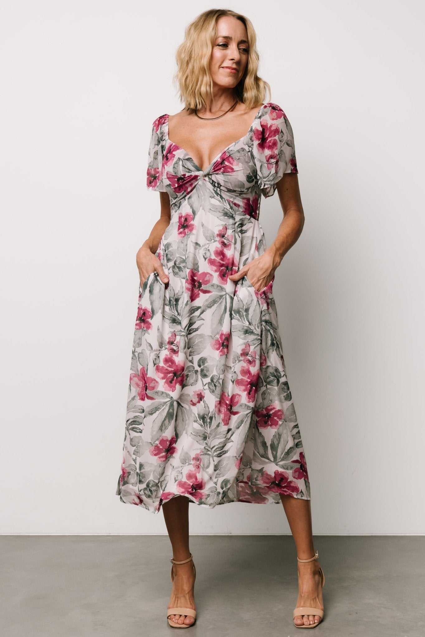 Melinda Floral Midi Dress with Sweetheart Neckline & Pockets