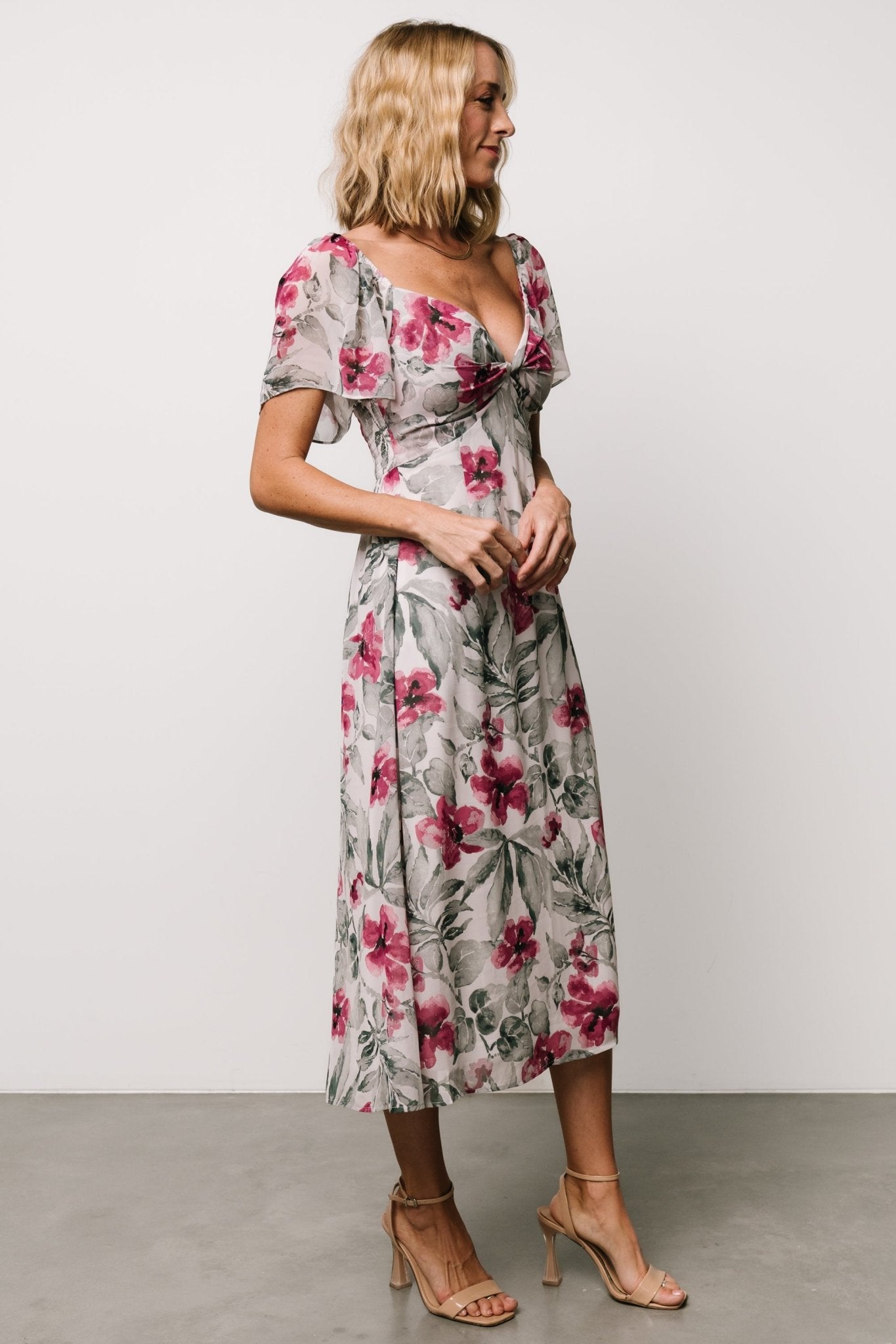Melinda Floral Midi Dress with Sweetheart Neckline & Pockets