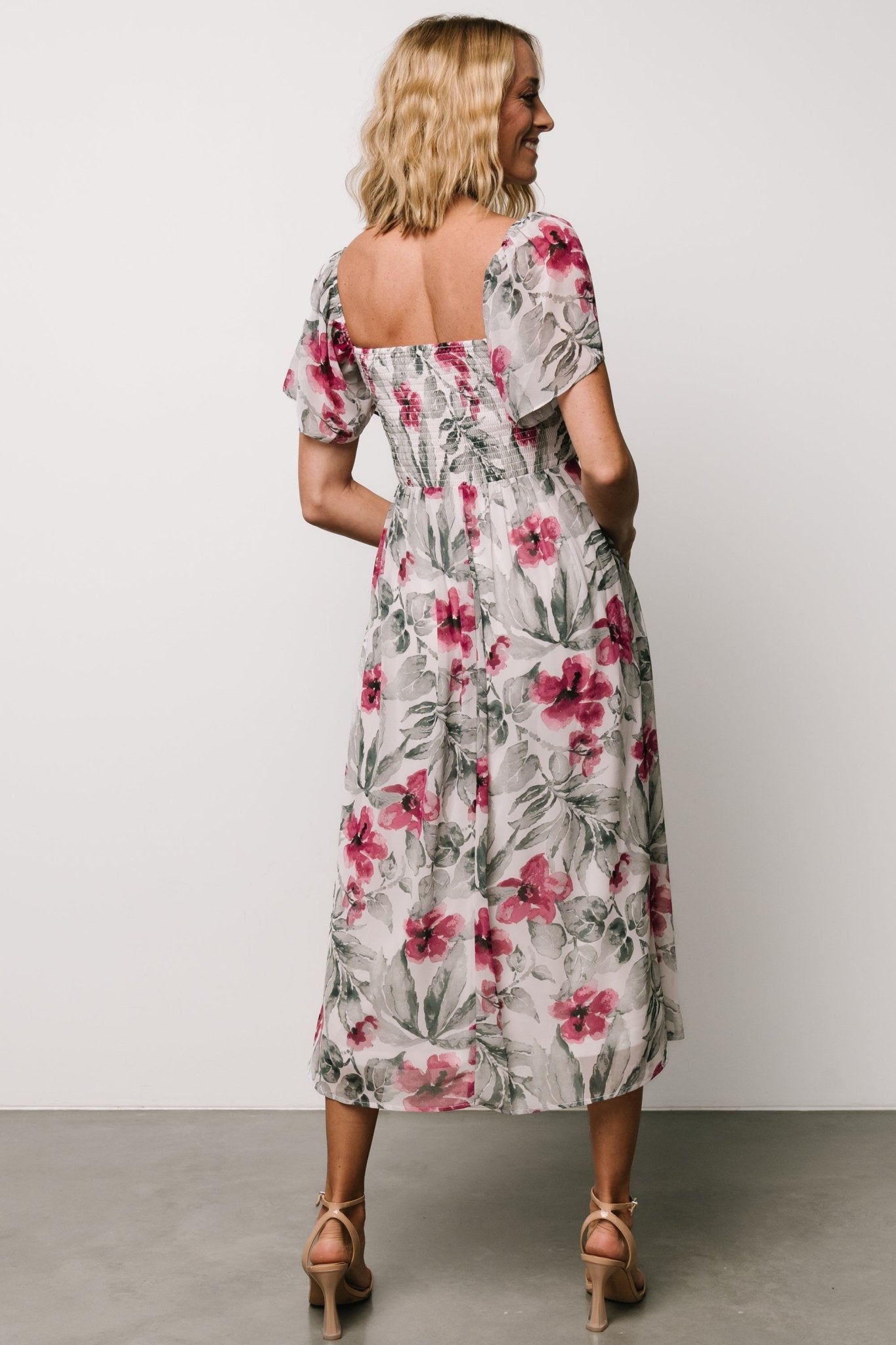 Melinda Floral Midi Dress with Sweetheart Neckline & Pockets