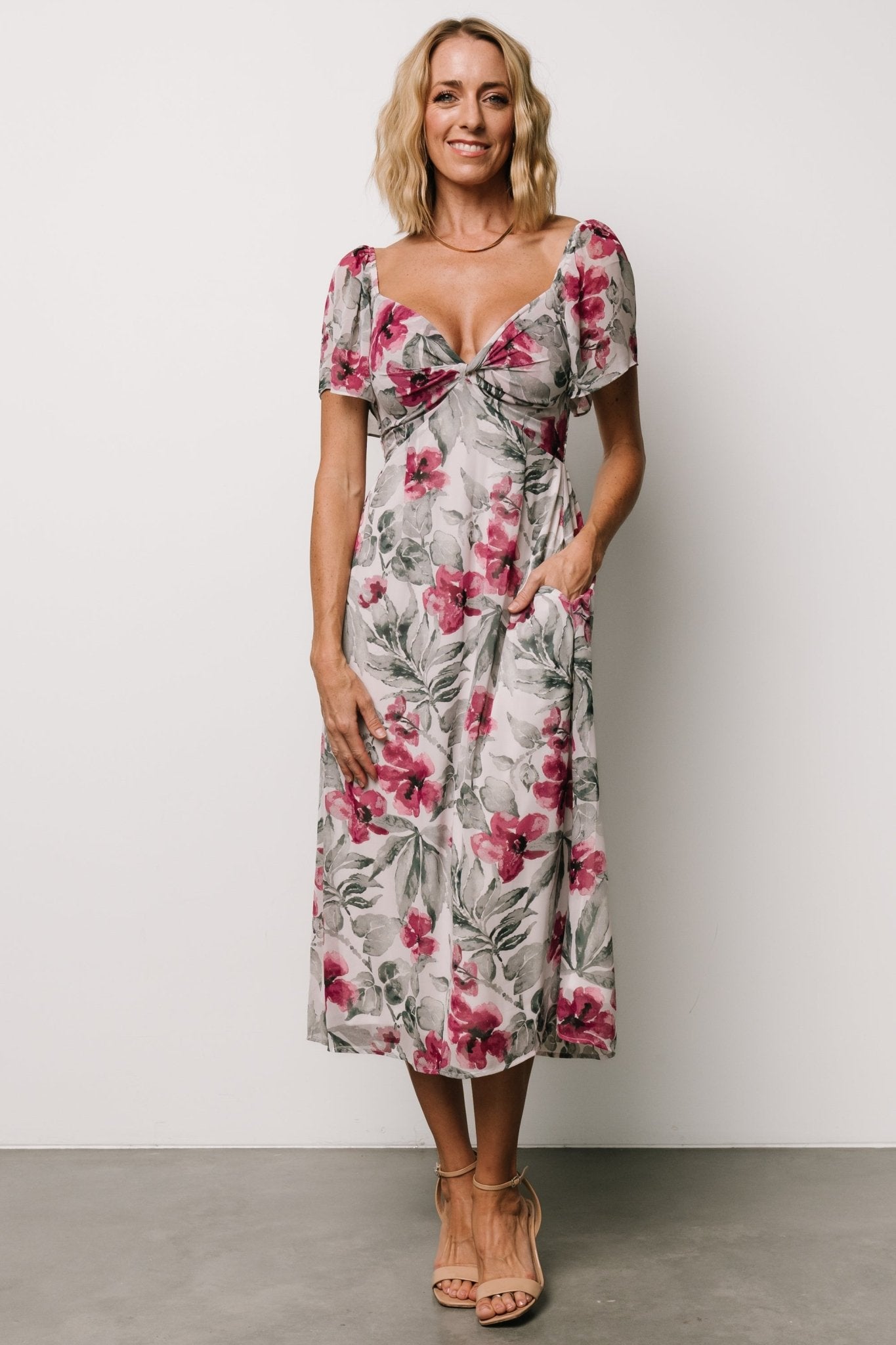 Melinda Floral Midi Dress with Sweetheart Neckline & Pockets