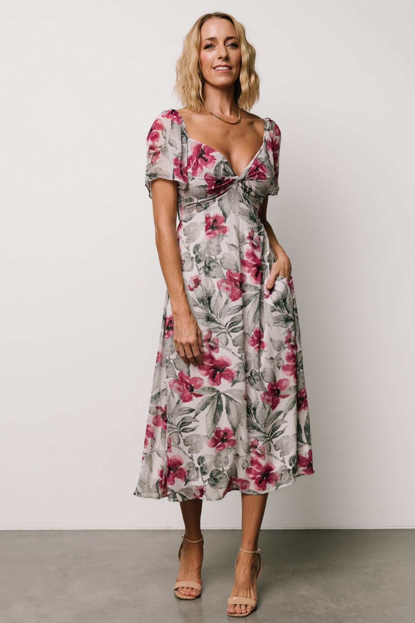 Melinda Floral Midi Dress with Sweetheart Neckline & Pockets