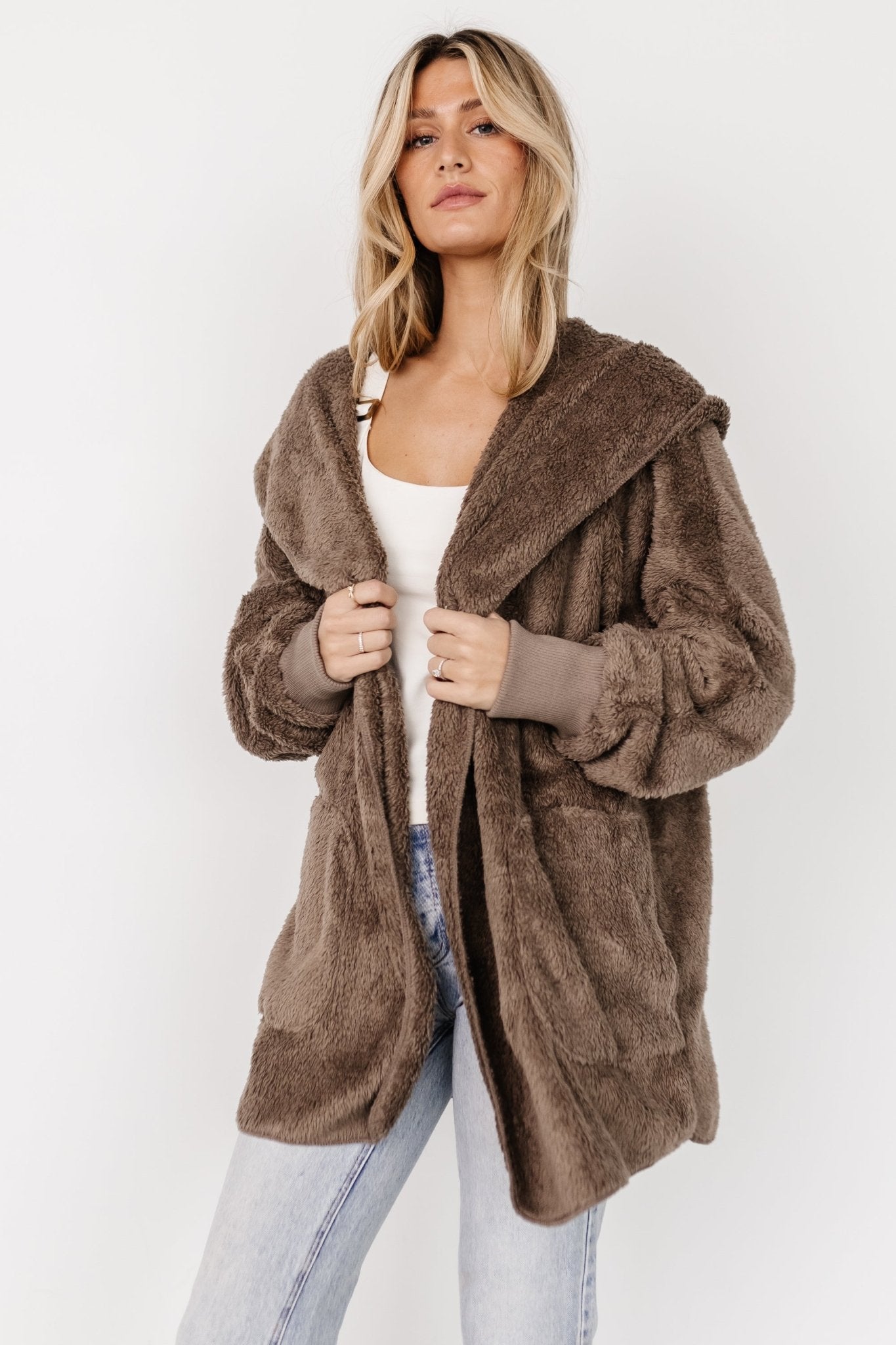 Brown Teddy Jacket with Hood – Ultra-Soft & Cozy Open-Front Style