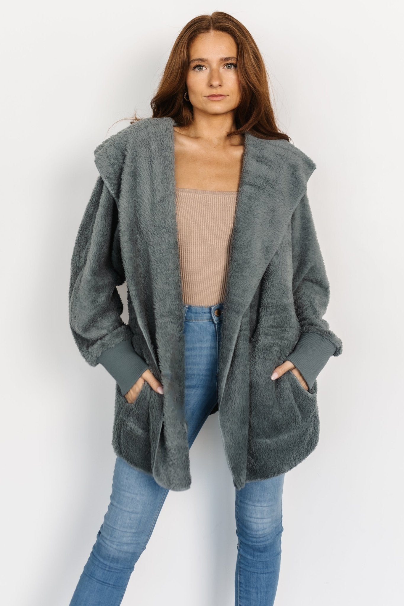 Dusty Blue Teddy Jacket by Baltic Born - Soft Hooded Open-Front Style