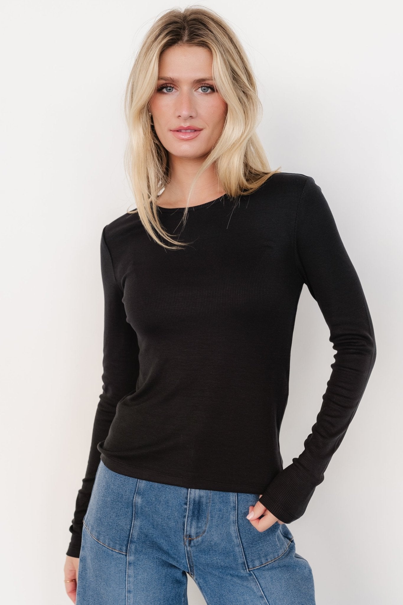 Women's Black Ribbed Tencel Top - Fitted Jewel Neckline