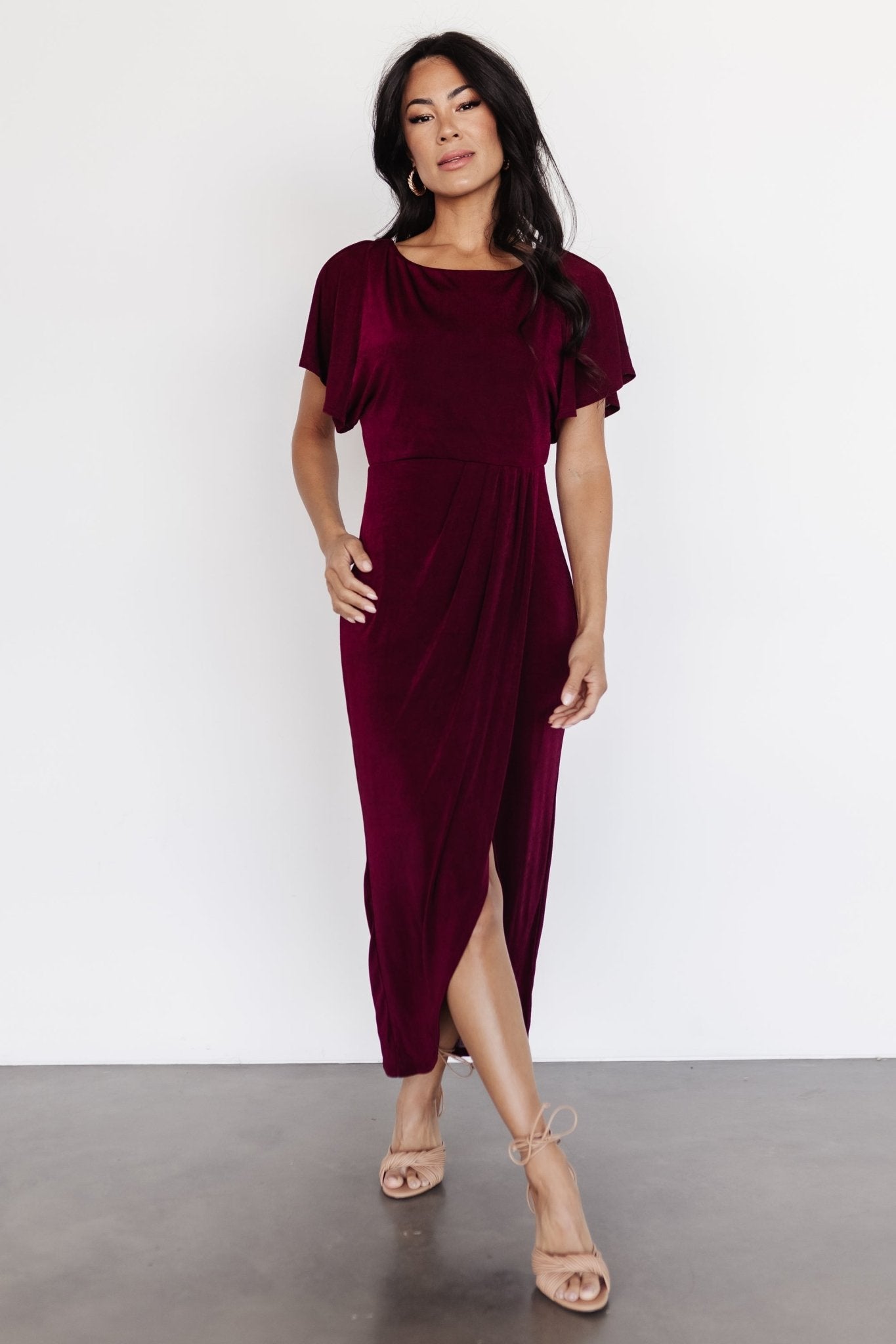 Burgundy Mercy Midi Dress with Butterfly Sleeves | Baltic Born