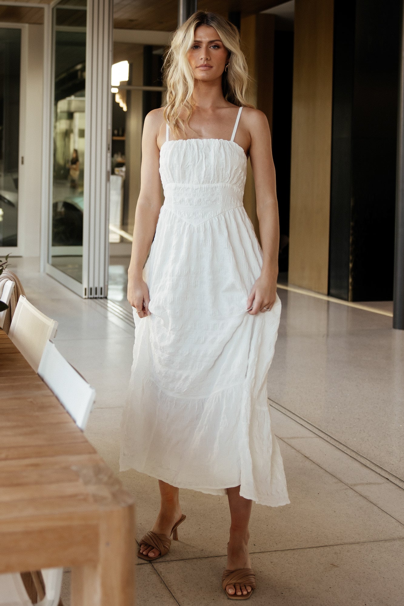 Off White Mikayla Textured Tank Dress with Pockets & Adjustable Straps