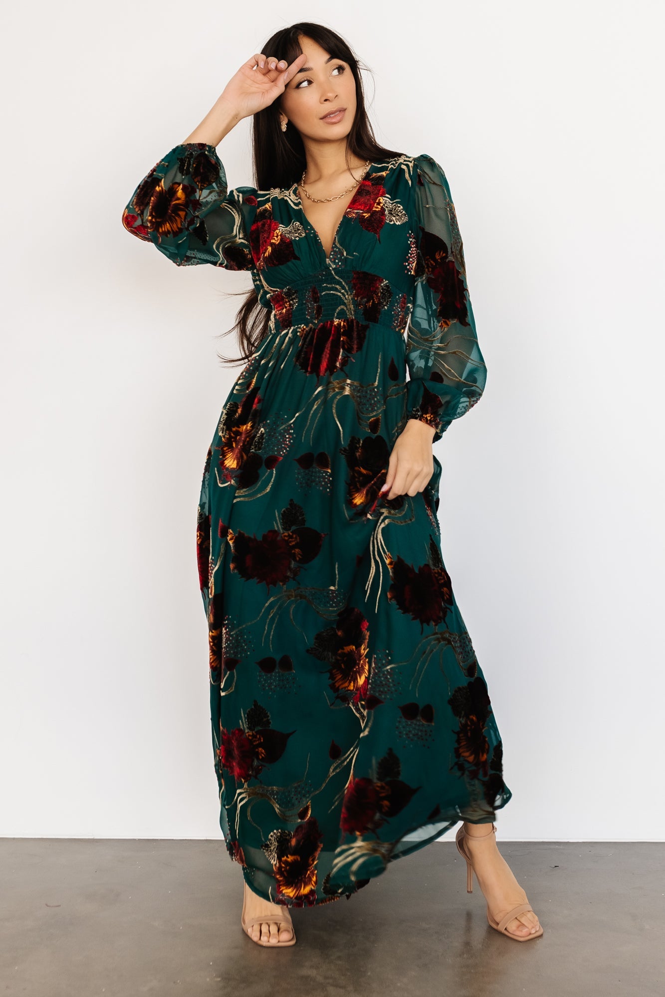 Jade Multi Velvet Maxi Dress with Smocked Waist – Baltic Born