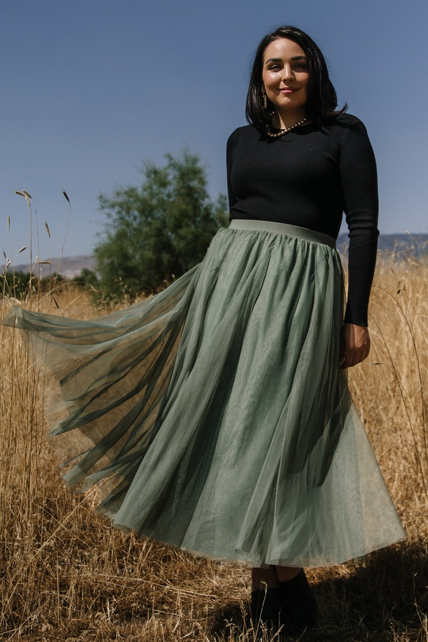 Dark Sage Tulle Skirt by Baltic Born | Elastic Waist Midi Skirt