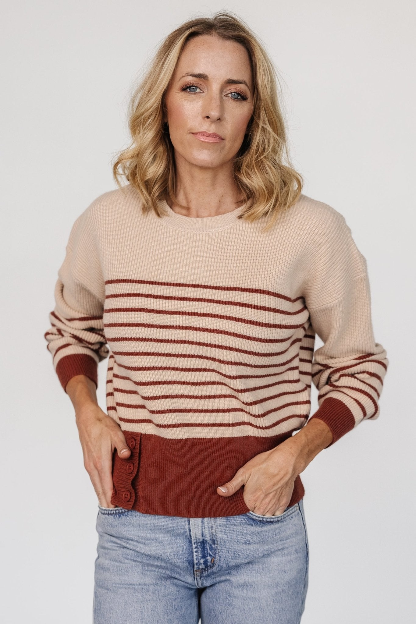 Women's Striped Sweater - Taupe & Marsala Knit Top