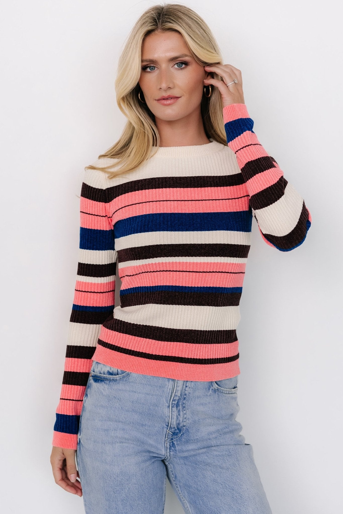 Coral Multi Striped Velvet Knit Sweater | Milwaukee Women's Top