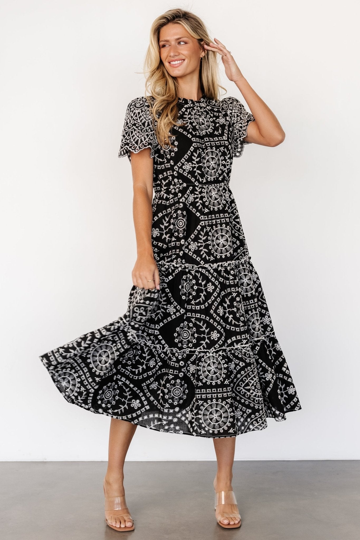 Black & White Eyelet Cotton Midi Dress with Ruffles – Mirabel