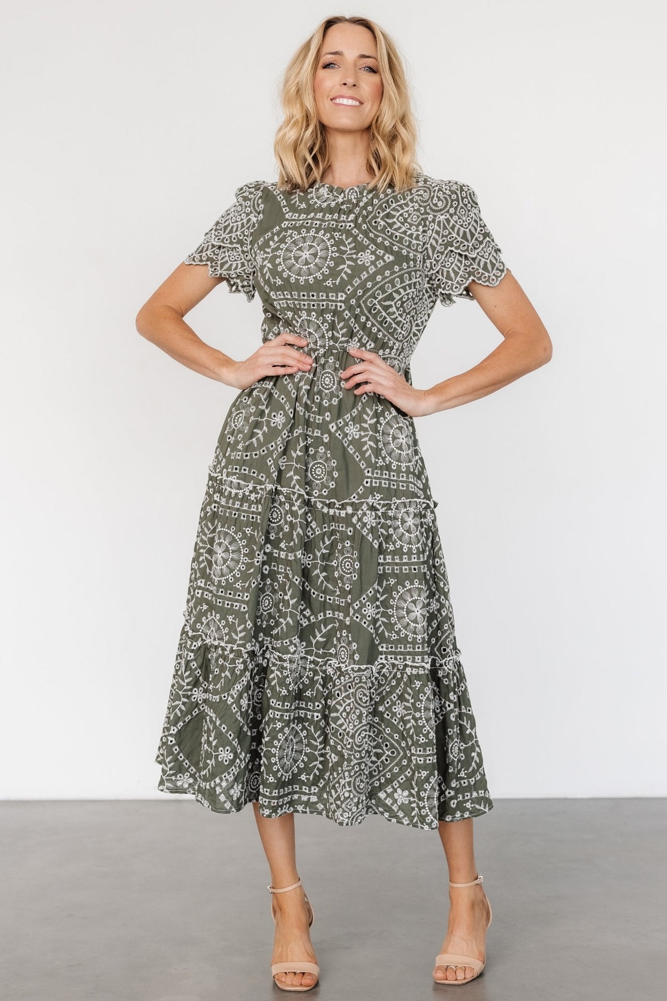 Olive Green Cotton Eyelet Midi Dress with Pockets – Baltic Born
