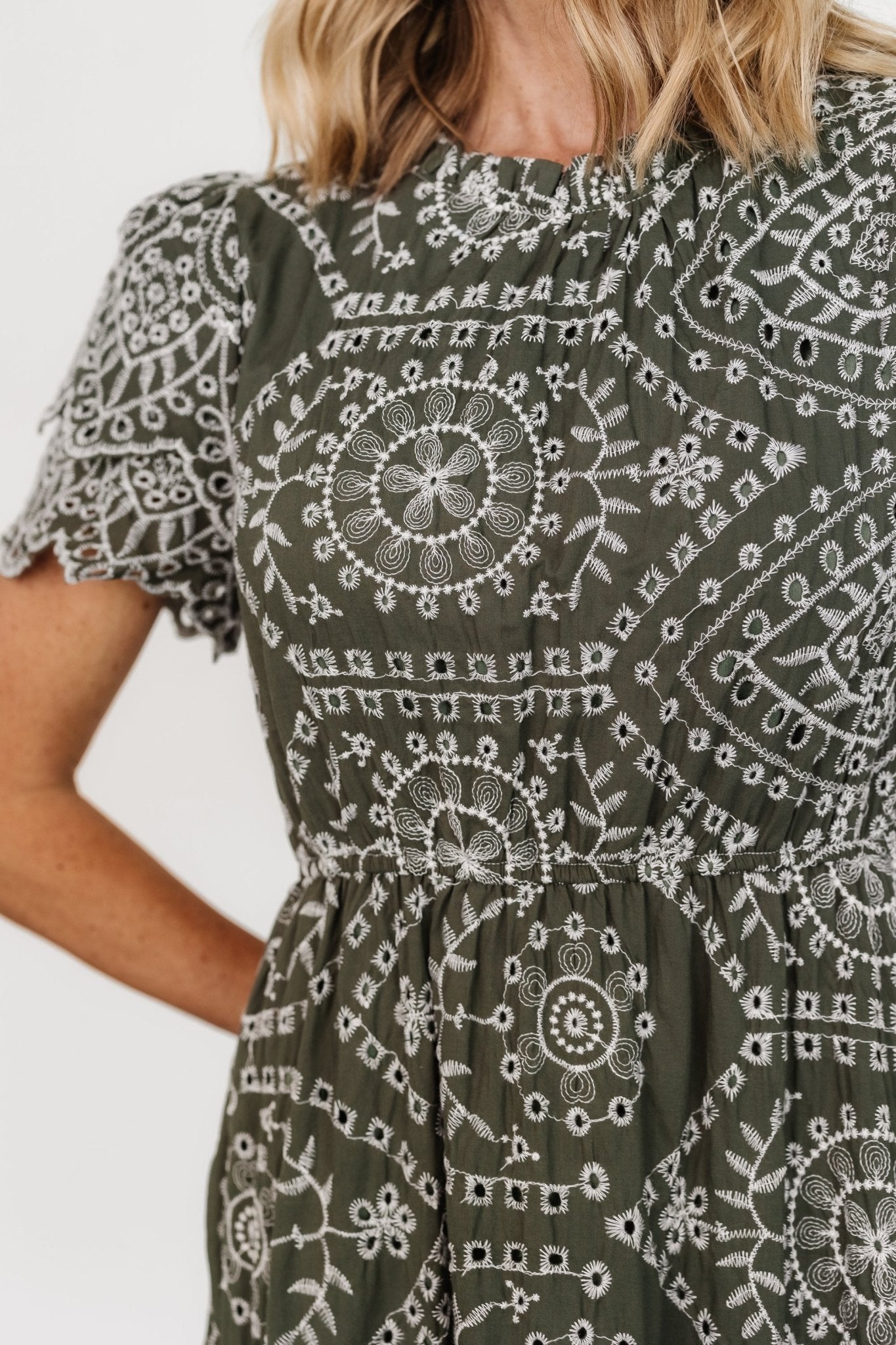 Olive Green Cotton Eyelet Midi Dress with Pockets – Baltic Born