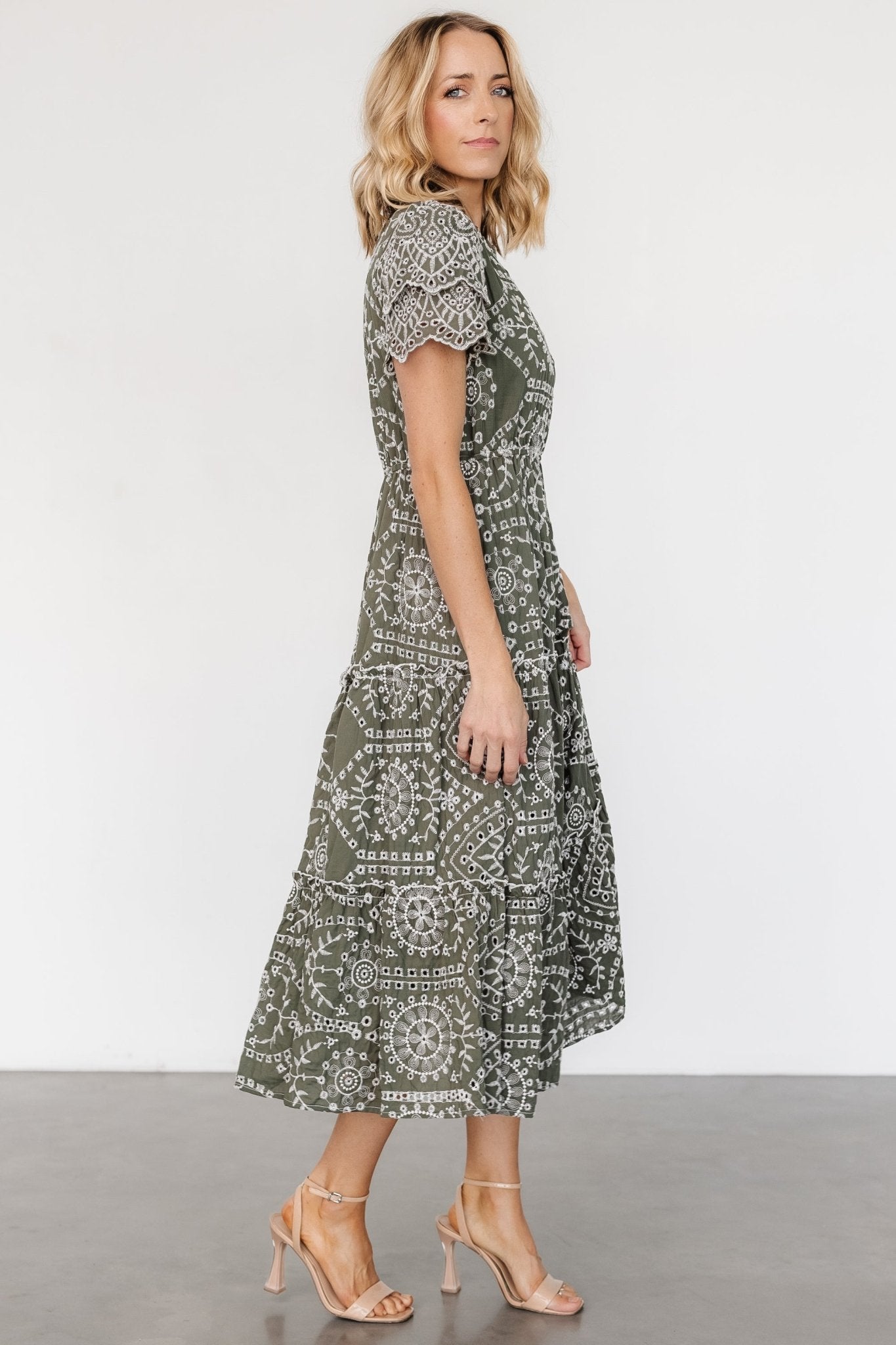 Olive Green Cotton Eyelet Midi Dress with Pockets – Baltic Born