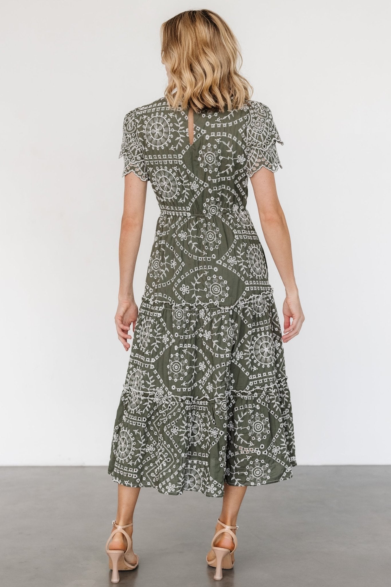 Olive Green Cotton Eyelet Midi Dress with Pockets – Baltic Born