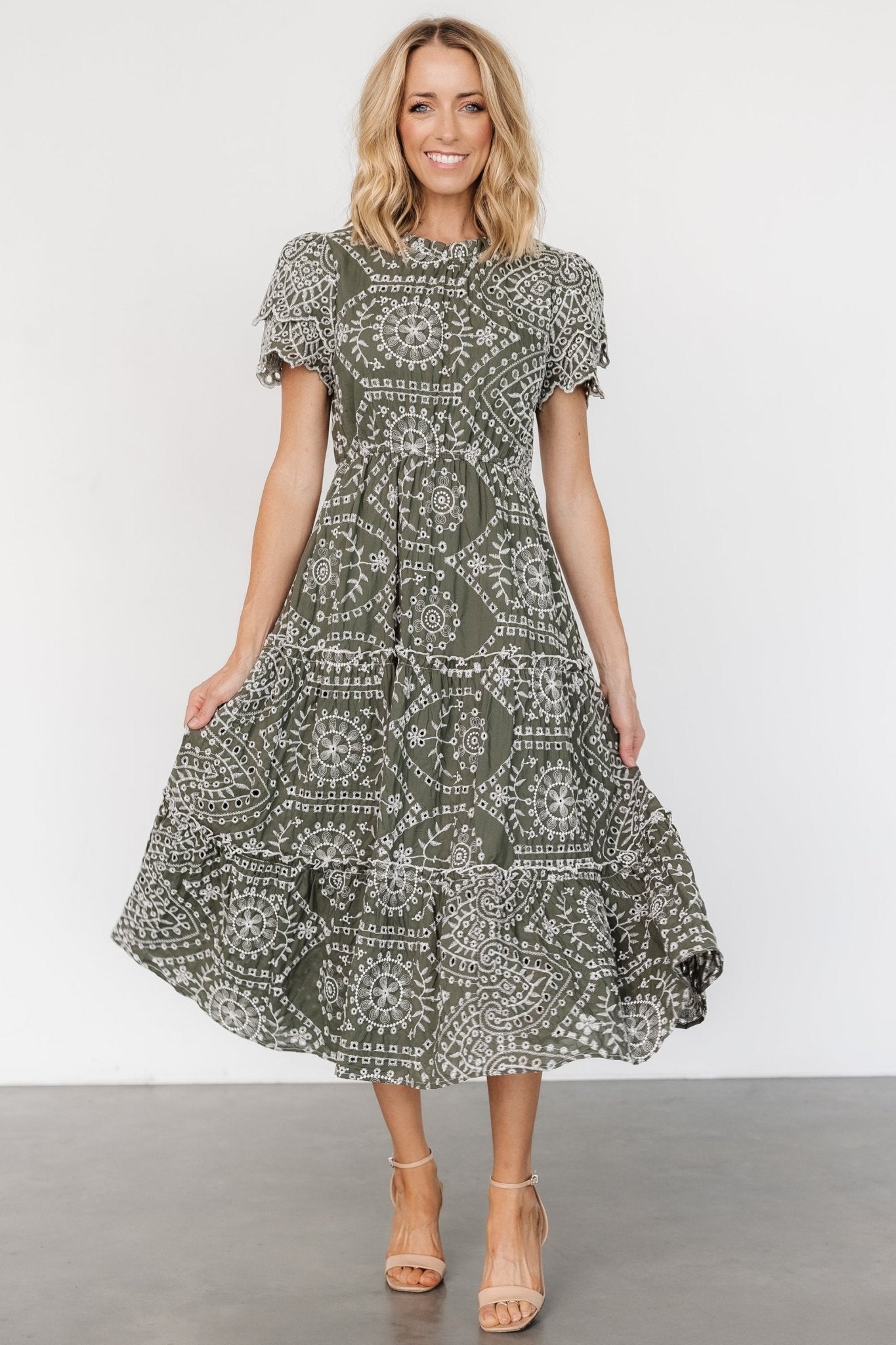 Olive Green Cotton Eyelet Midi Dress with Pockets – Baltic Born