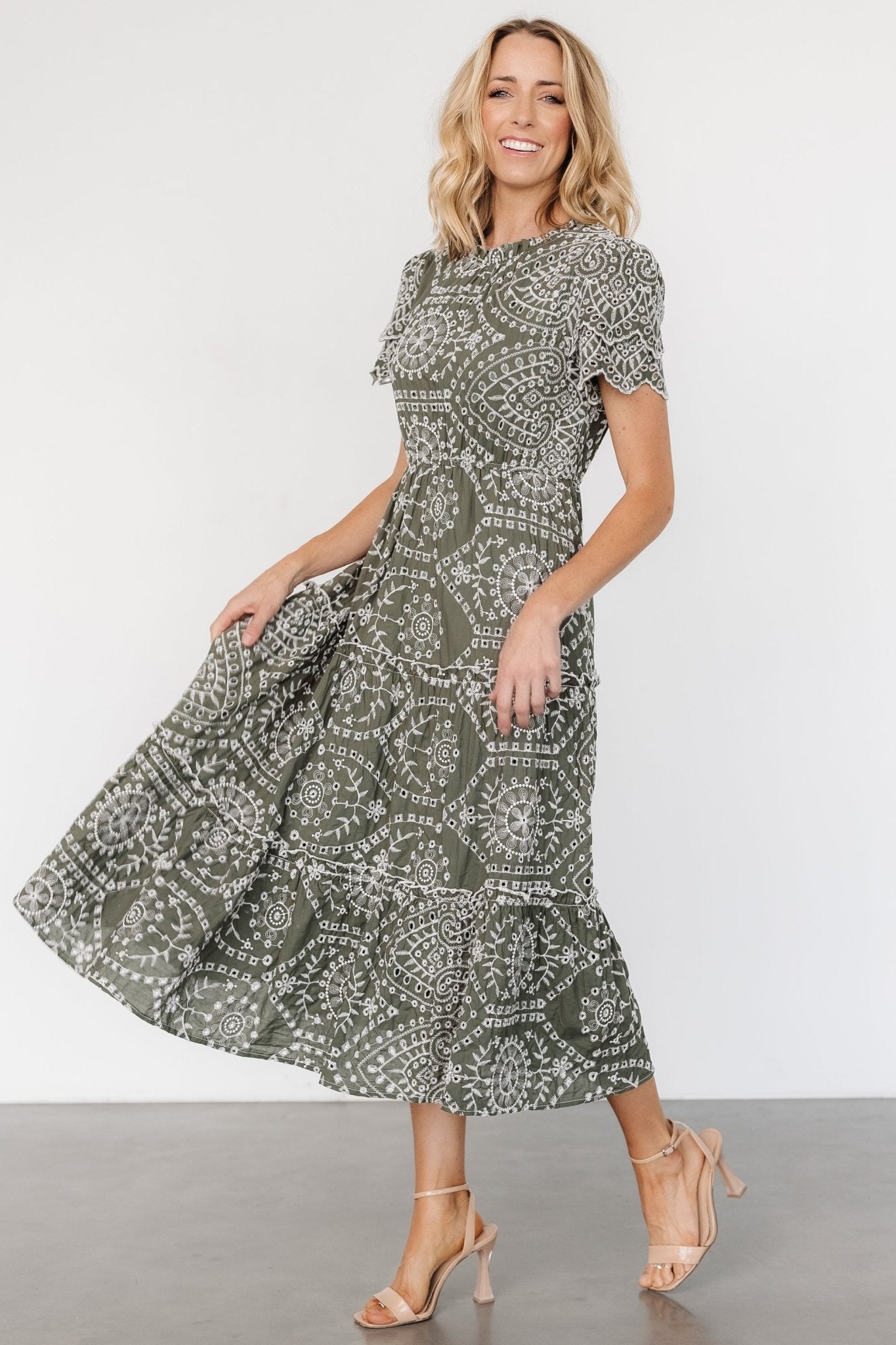 Olive Green Cotton Eyelet Midi Dress with Pockets – Baltic Born