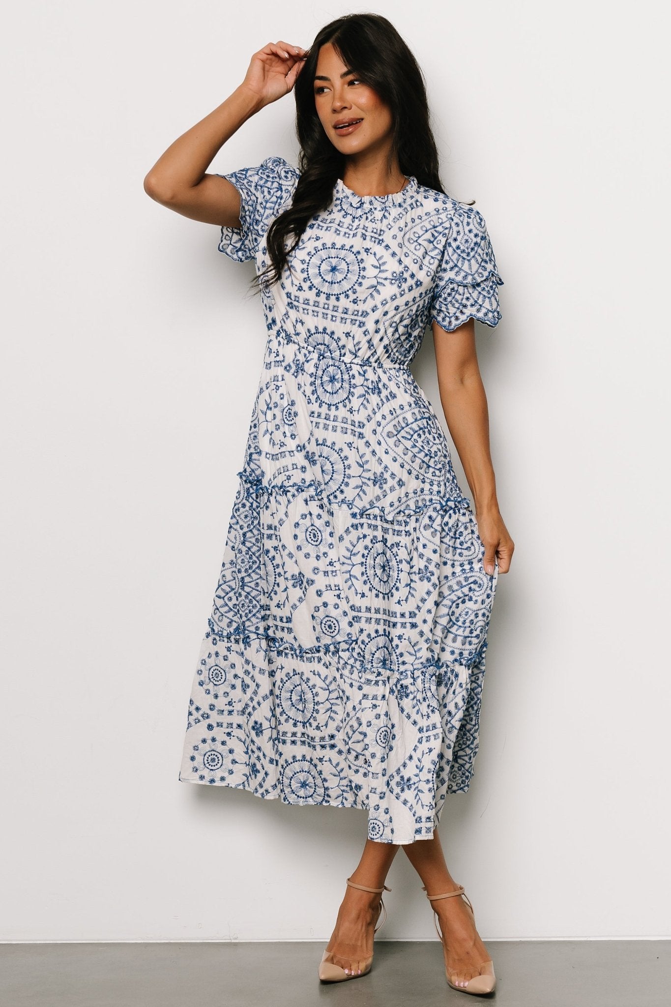 Baltic Born White & Blue Eyelet Cotton Midi Dress with Pockets