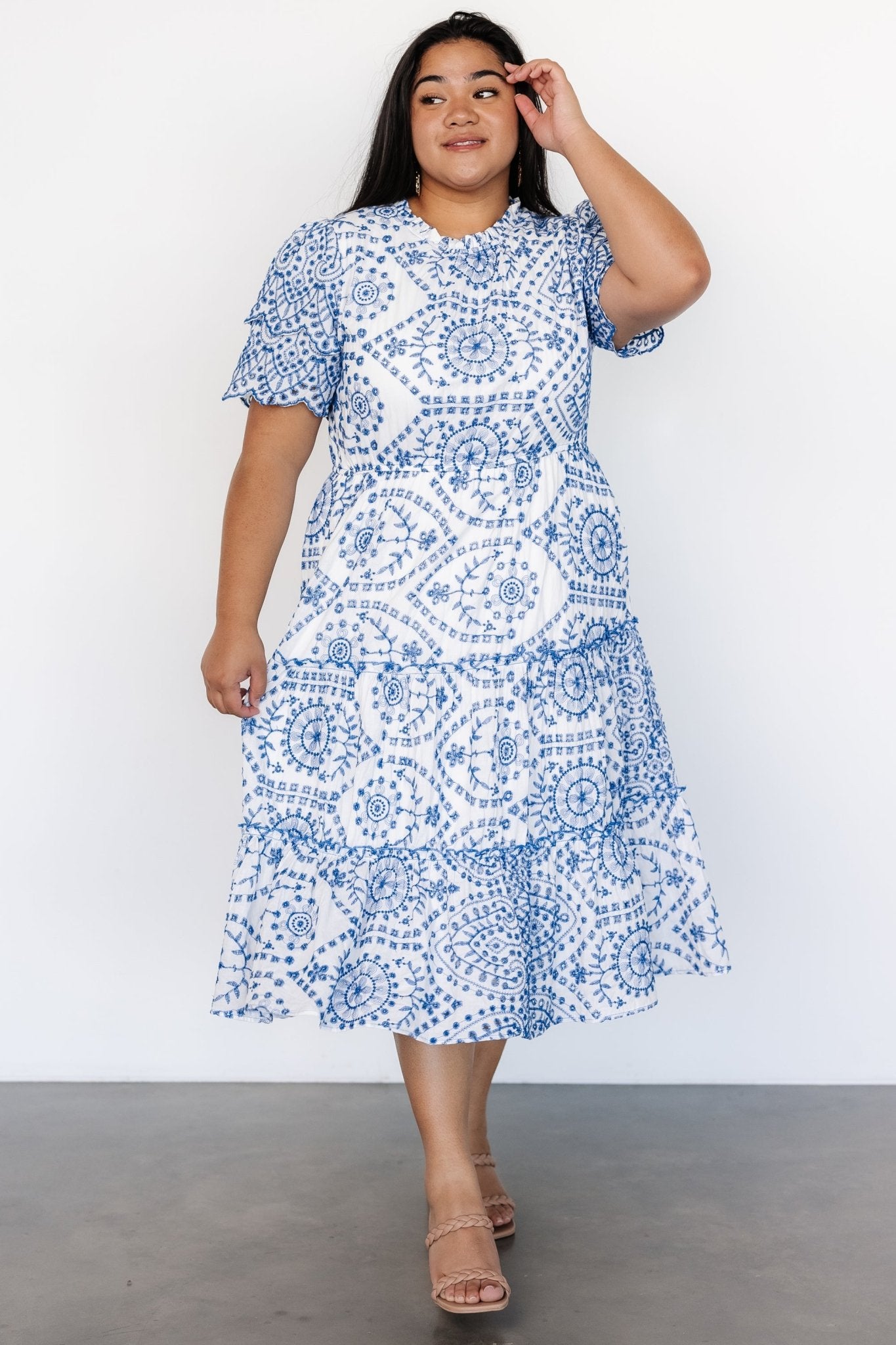 Baltic Born White & Blue Eyelet Cotton Midi Dress with Pockets