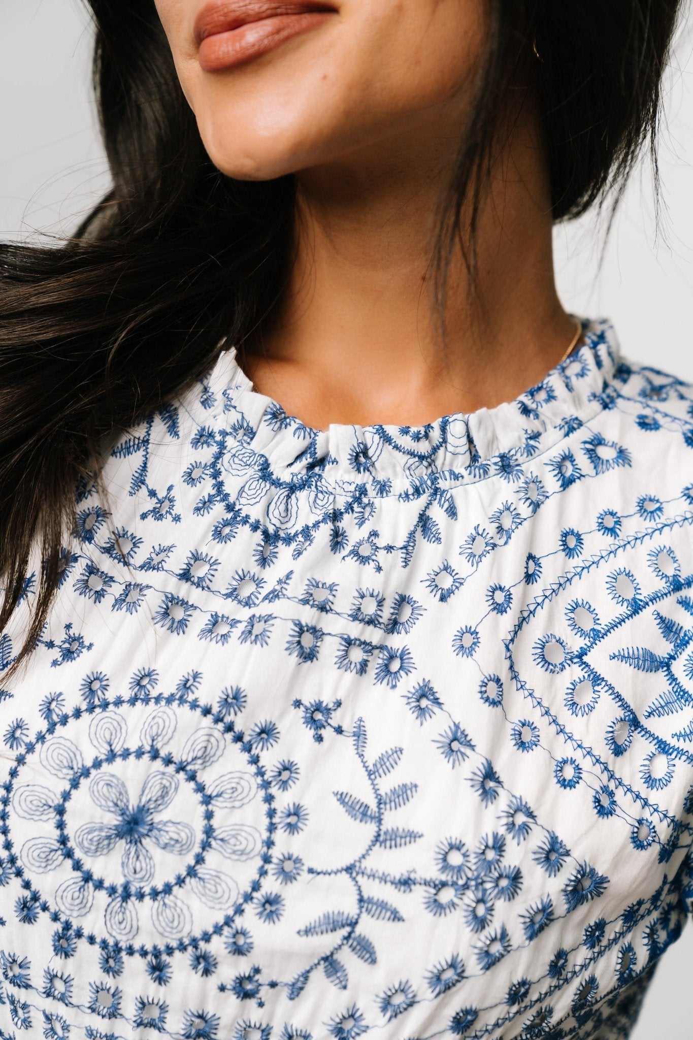 Baltic Born White & Blue Eyelet Cotton Midi Dress with Pockets