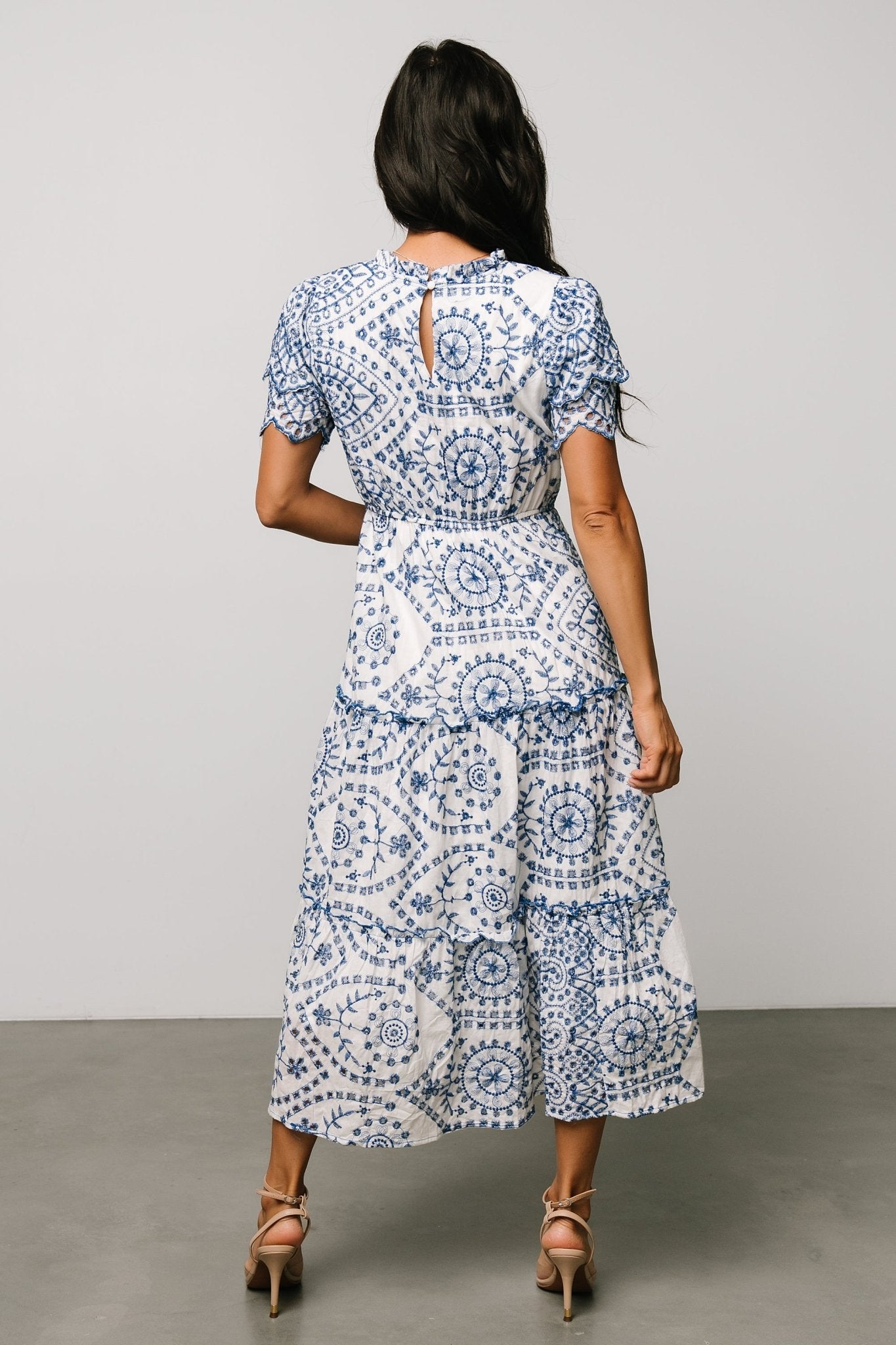 Baltic Born White & Blue Eyelet Cotton Midi Dress with Pockets