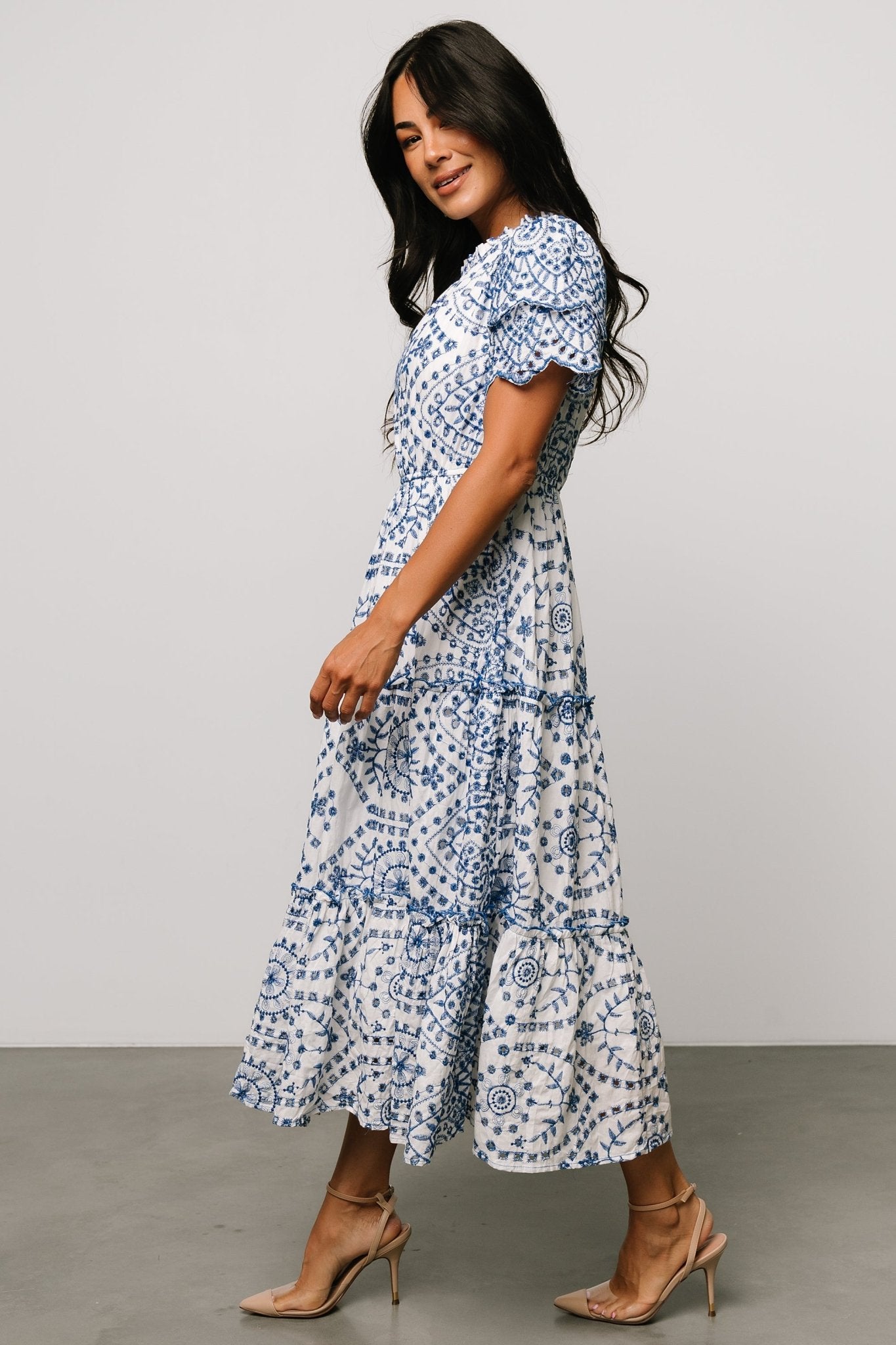 Baltic Born White & Blue Eyelet Cotton Midi Dress with Pockets
