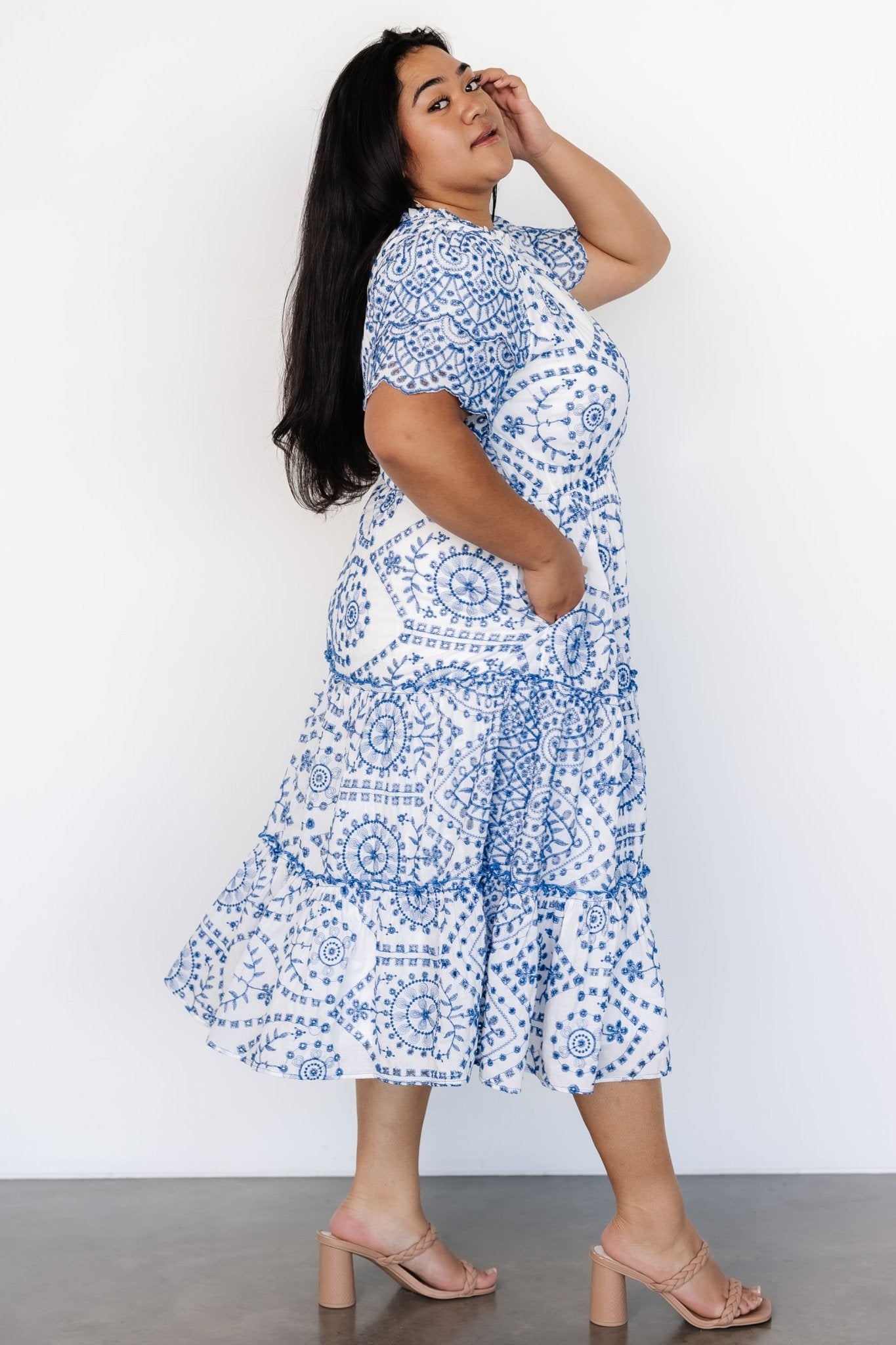 Baltic Born White & Blue Eyelet Cotton Midi Dress with Pockets