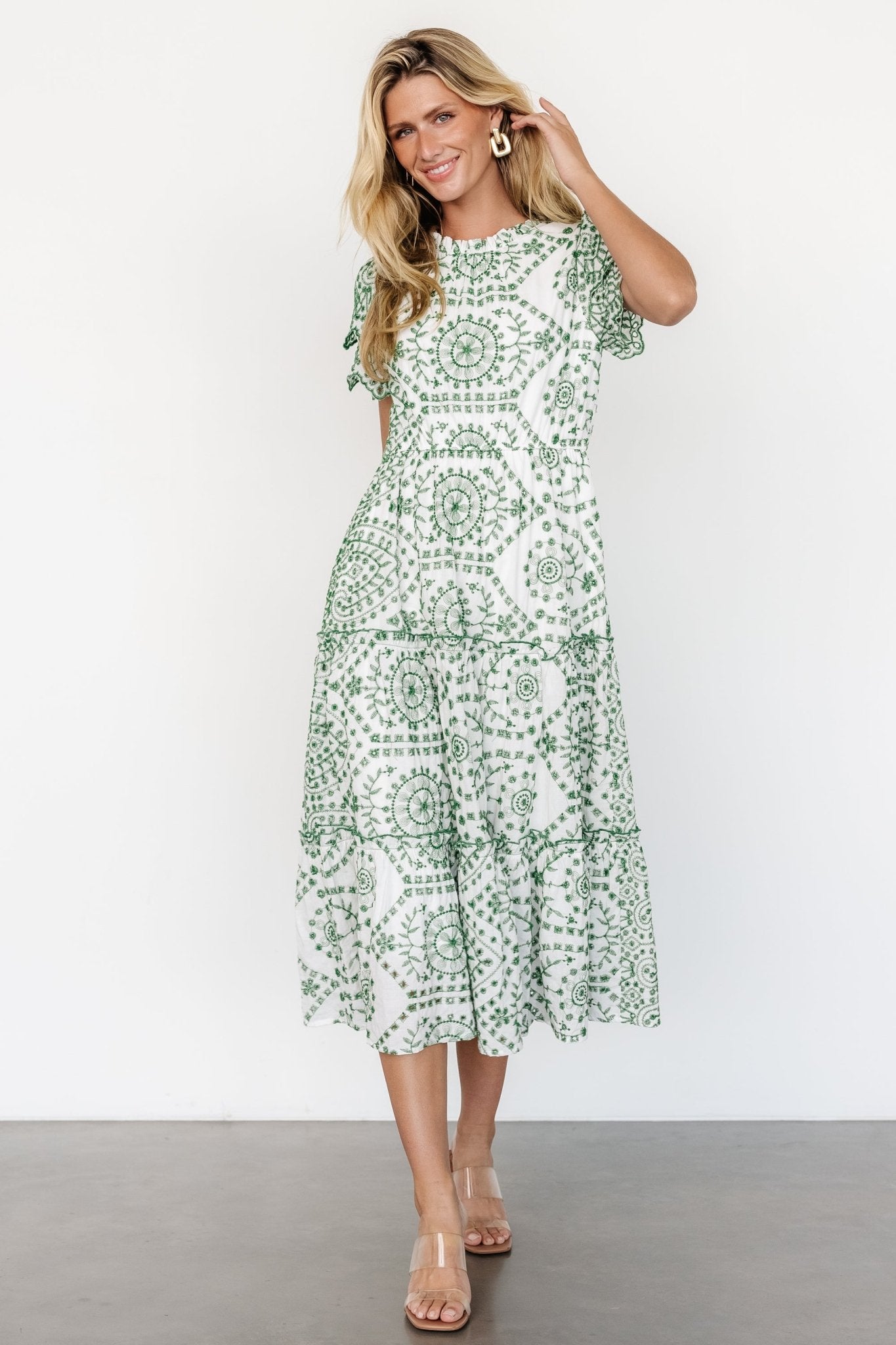 White & Green Mirabel Cotton Eyelet Midi Dress with Pockets