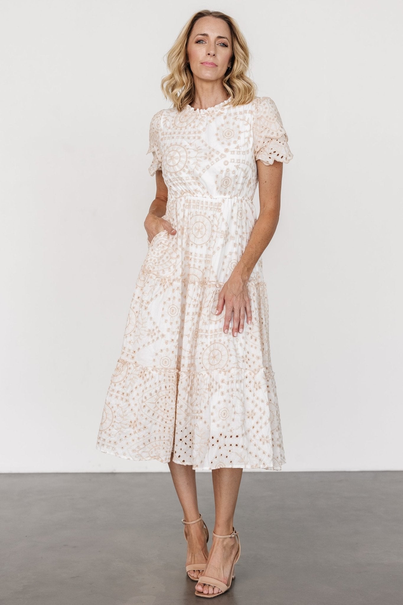 Baltic Born White Cotton Eyelet Midi Dress with Pockets