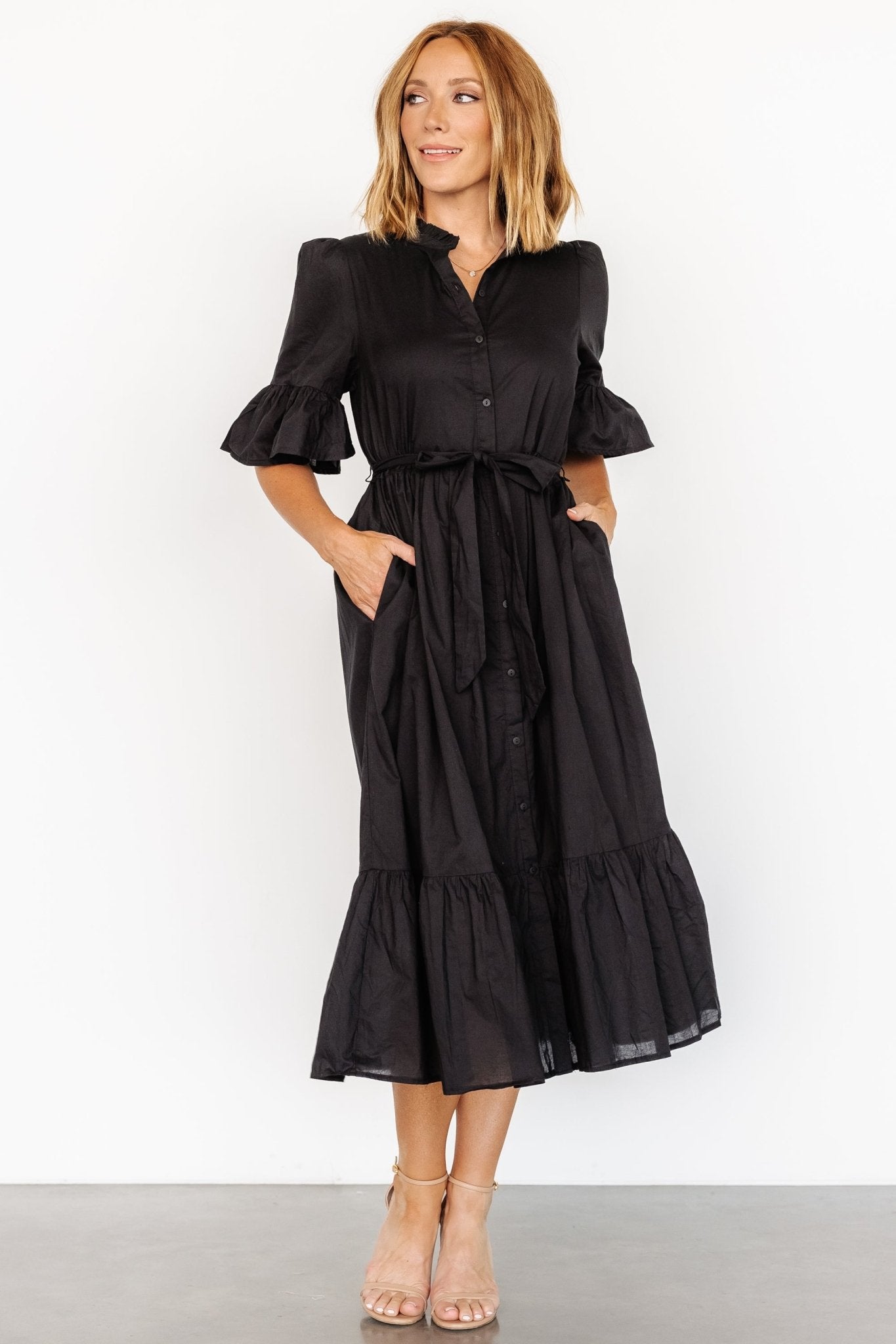 Mirielle Black Cotton Midi Dress with Ruffles & Pockets