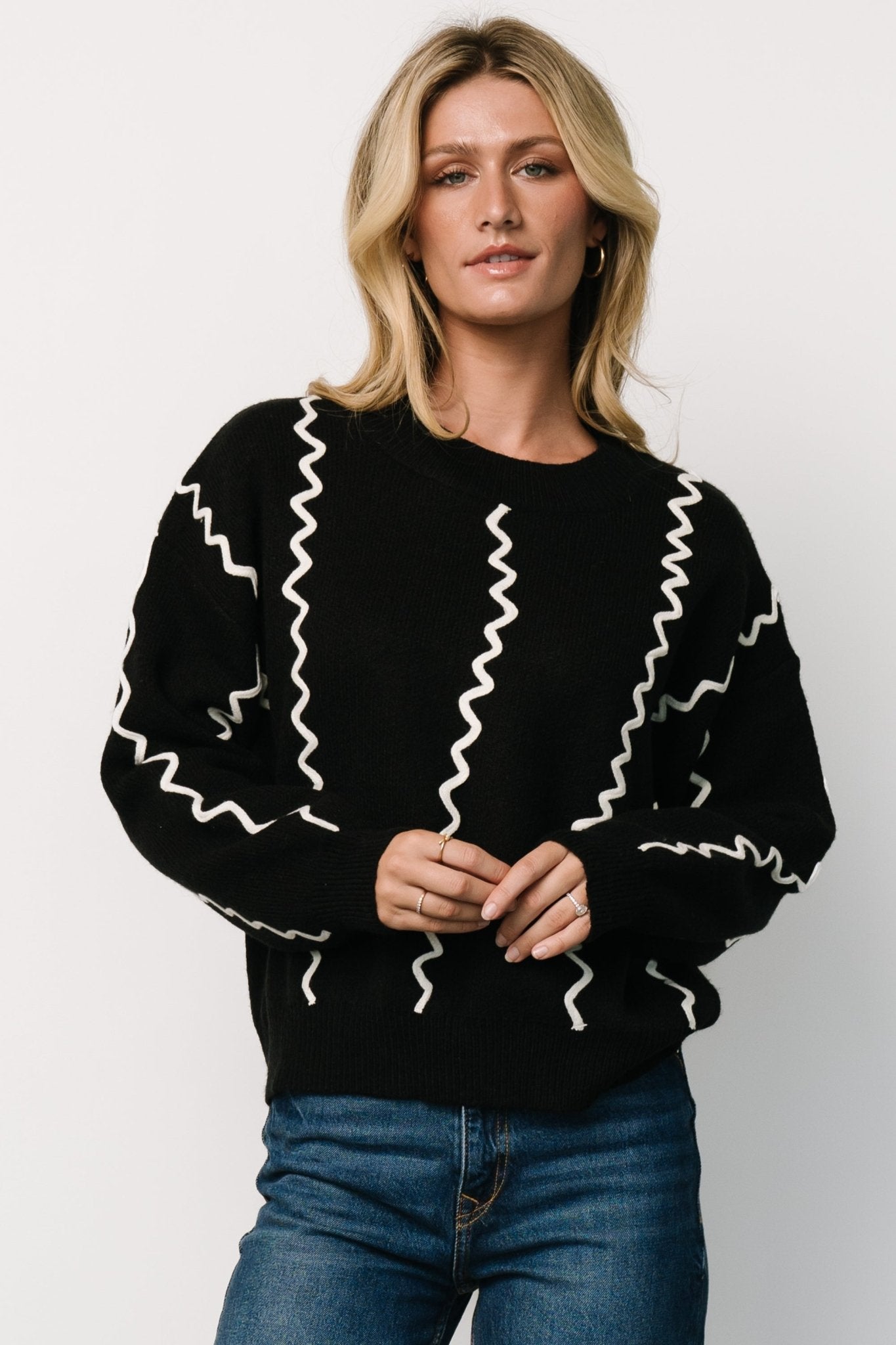 Misha Black Zigzag Pattern Knit Sweater with Drop Shoulder