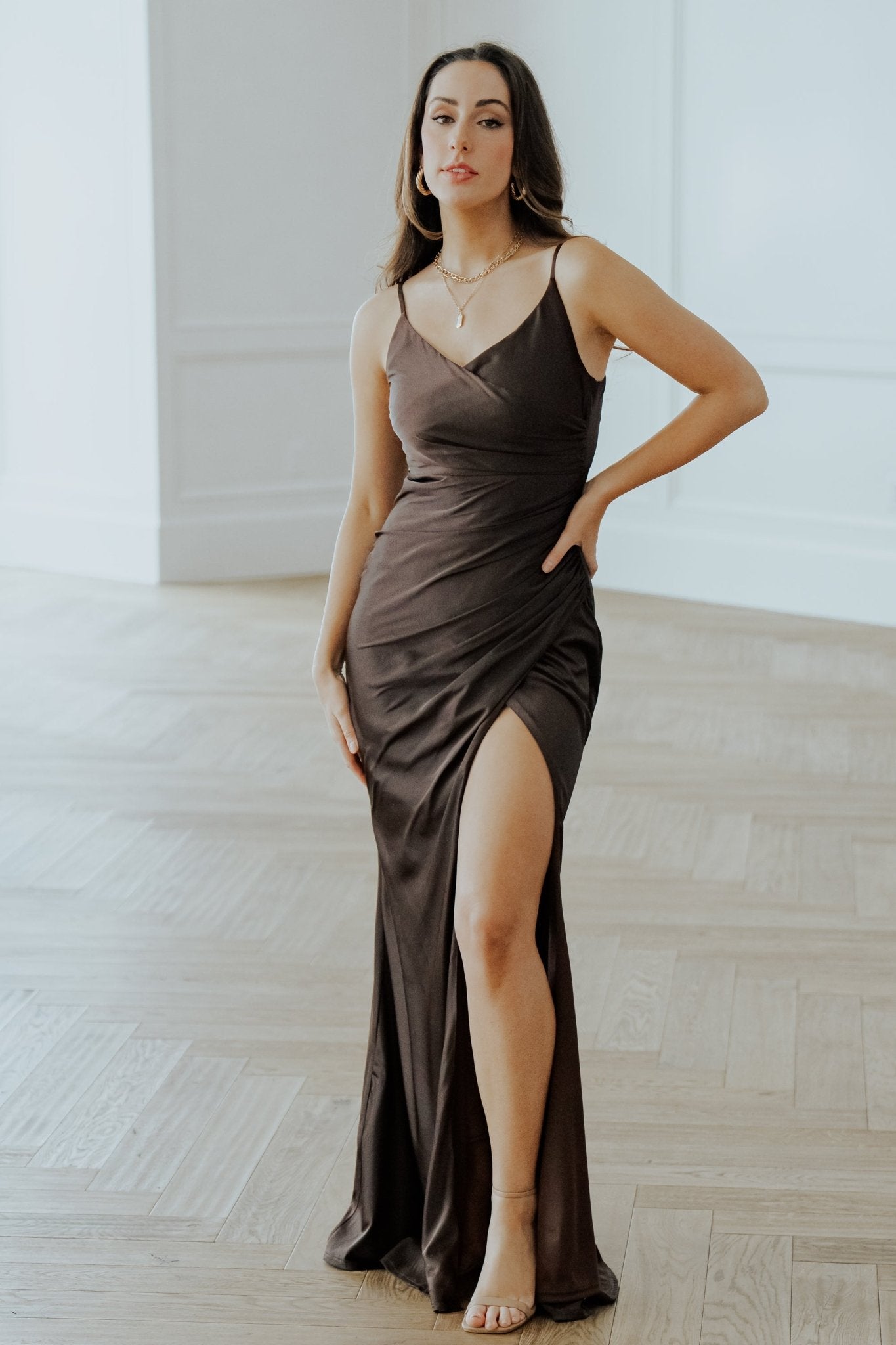 Monet Satin Evening Gown in Dark Brown with Thigh Slit