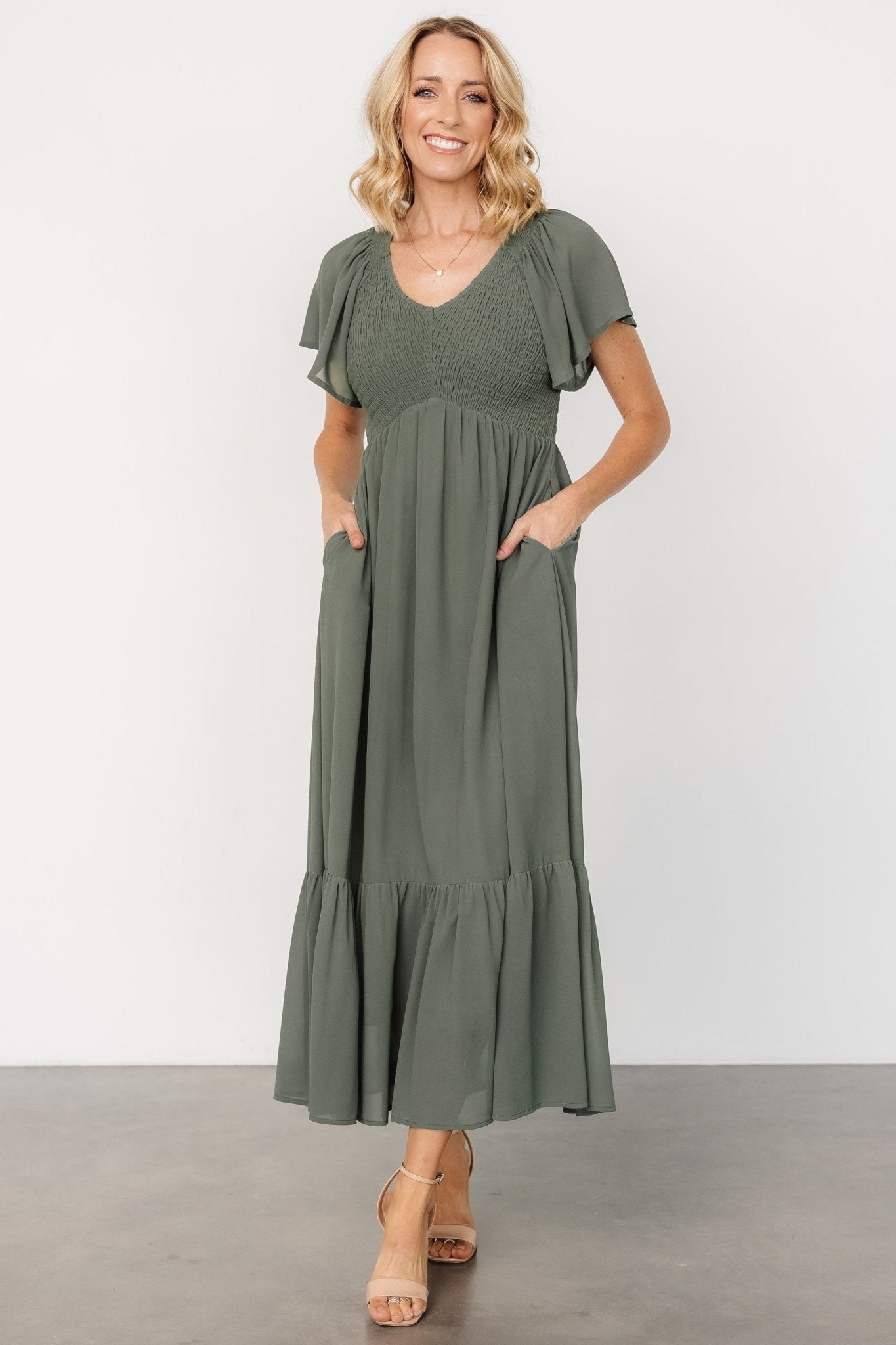 Dark Sage Smocked Maxi Dress with Hidden Pockets – Baltic Born