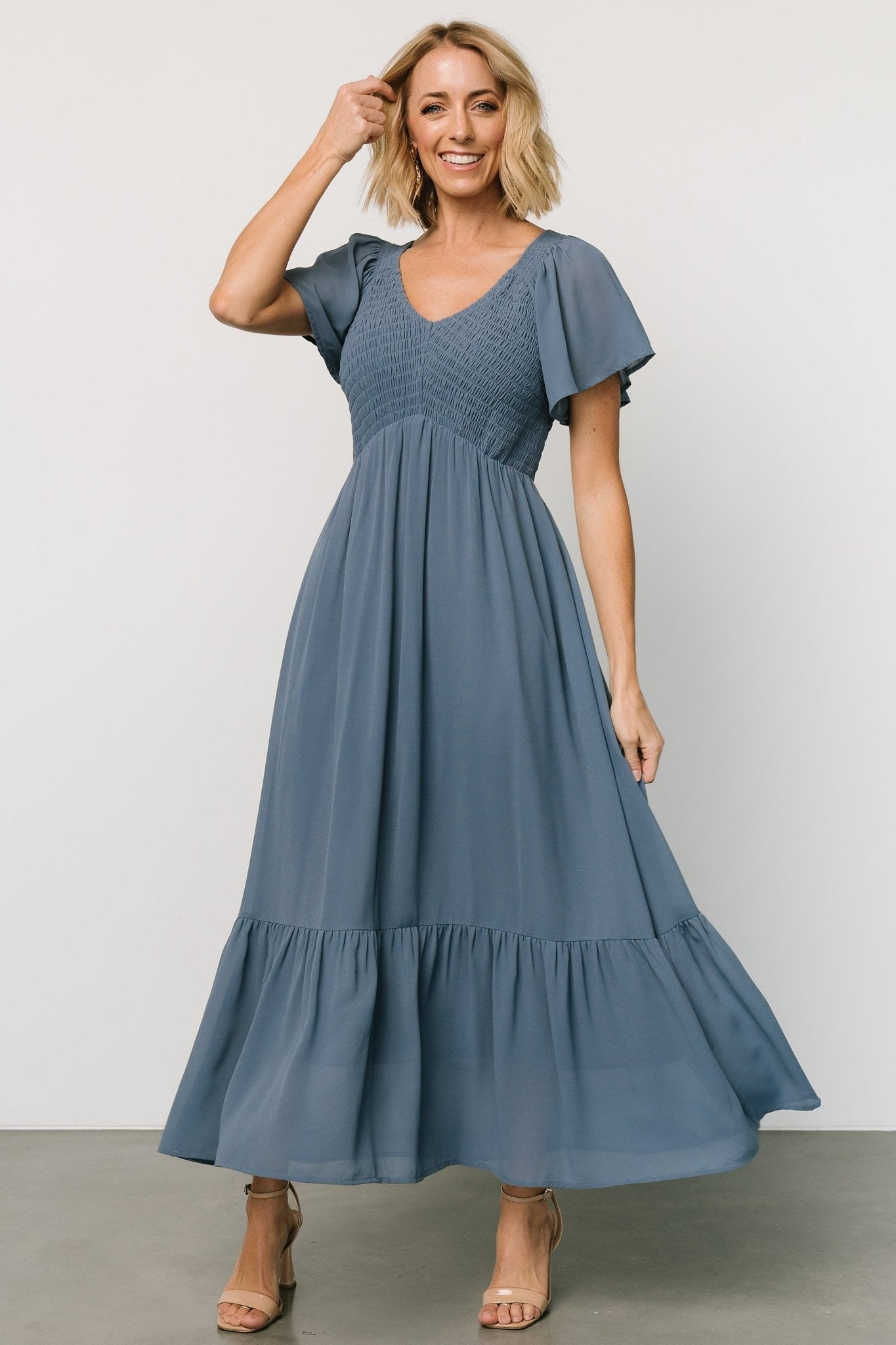 Whisper Blue Monica Smocked Maxi Dress with Hidden Pockets