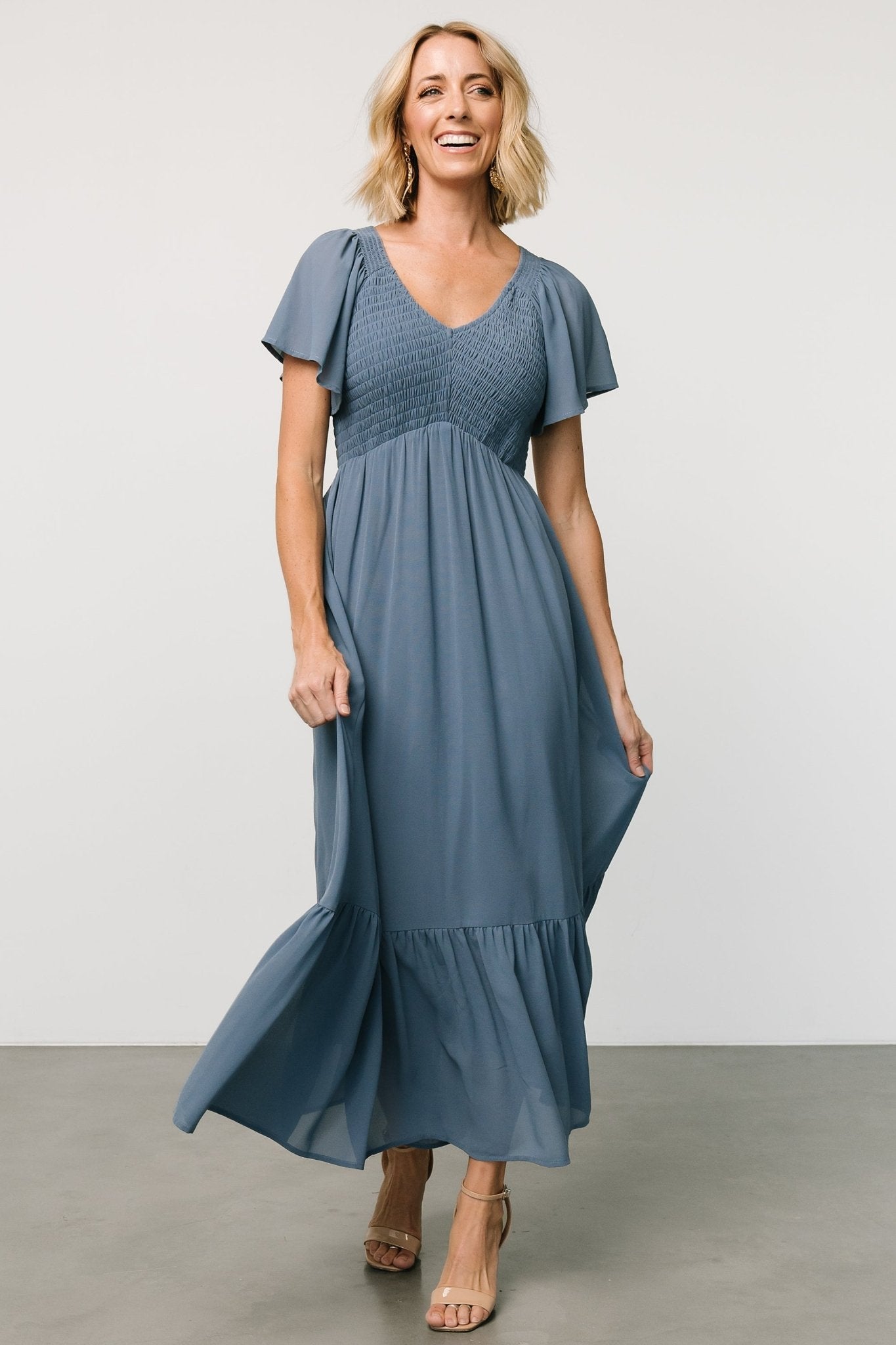 Whisper Blue Monica Smocked Maxi Dress with Hidden Pockets