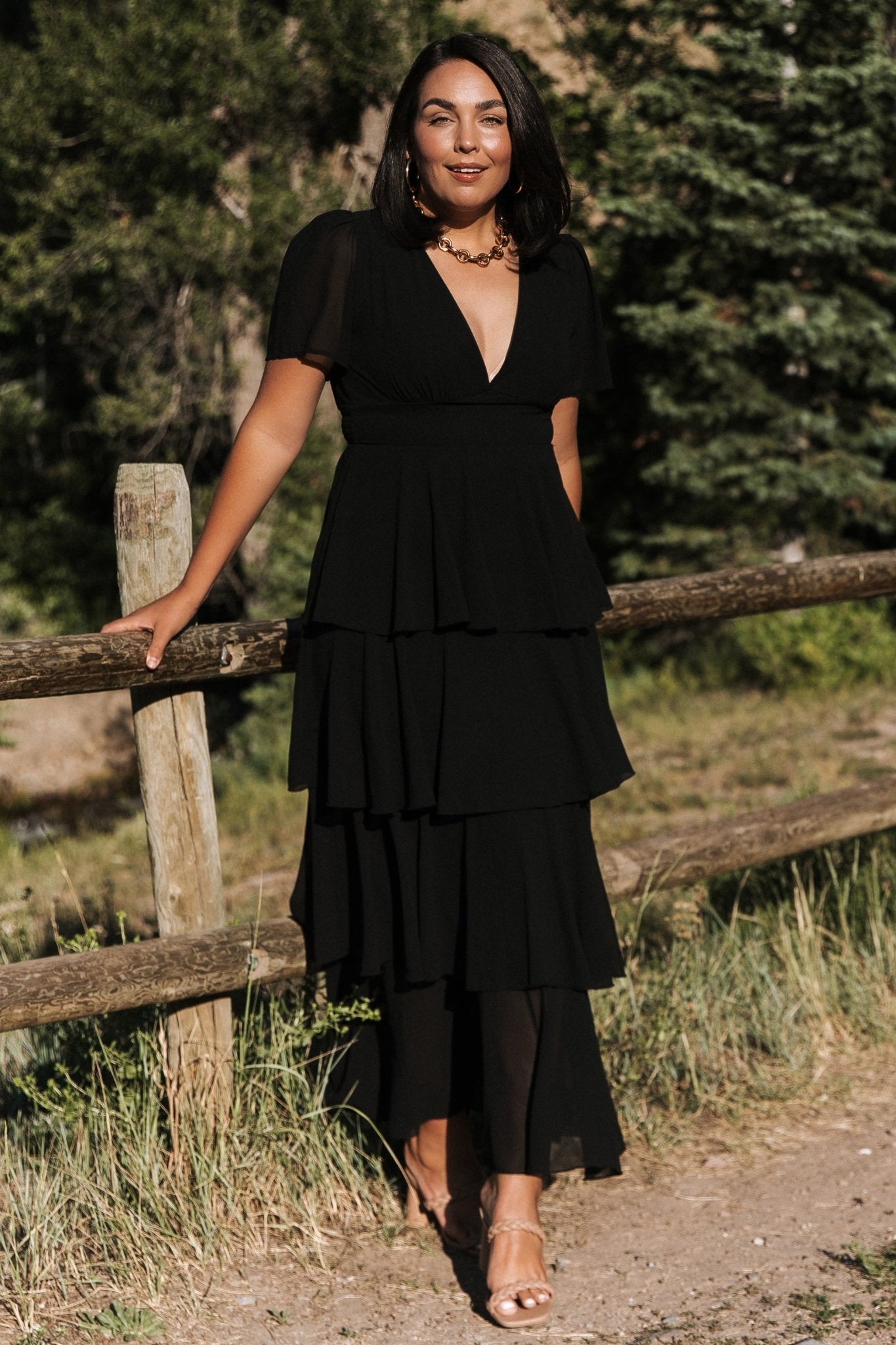 Baltic Born Black Ruffled V-Neck Maxi Dress for Women